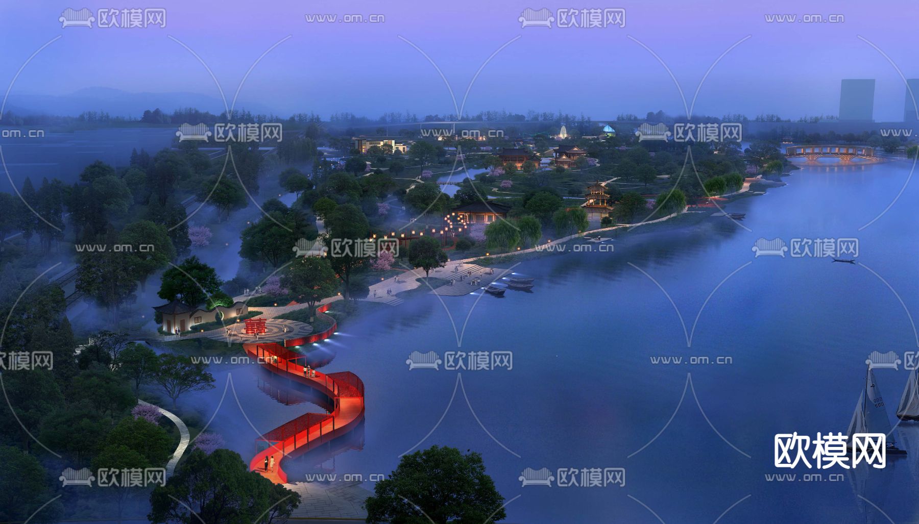 新中式公园夜景鸟瞰景观psd下载