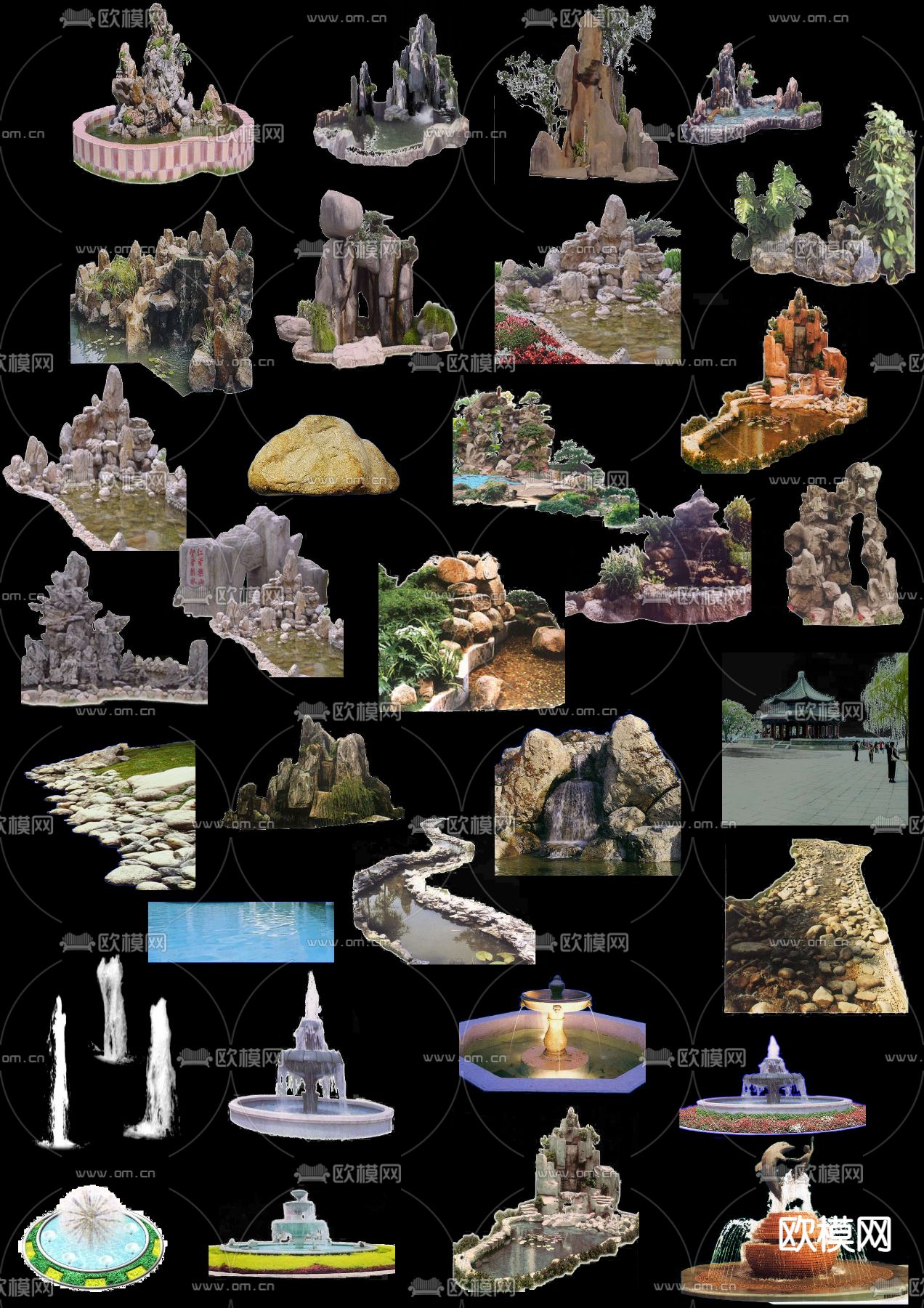 现代假山流水素材景观psd下载