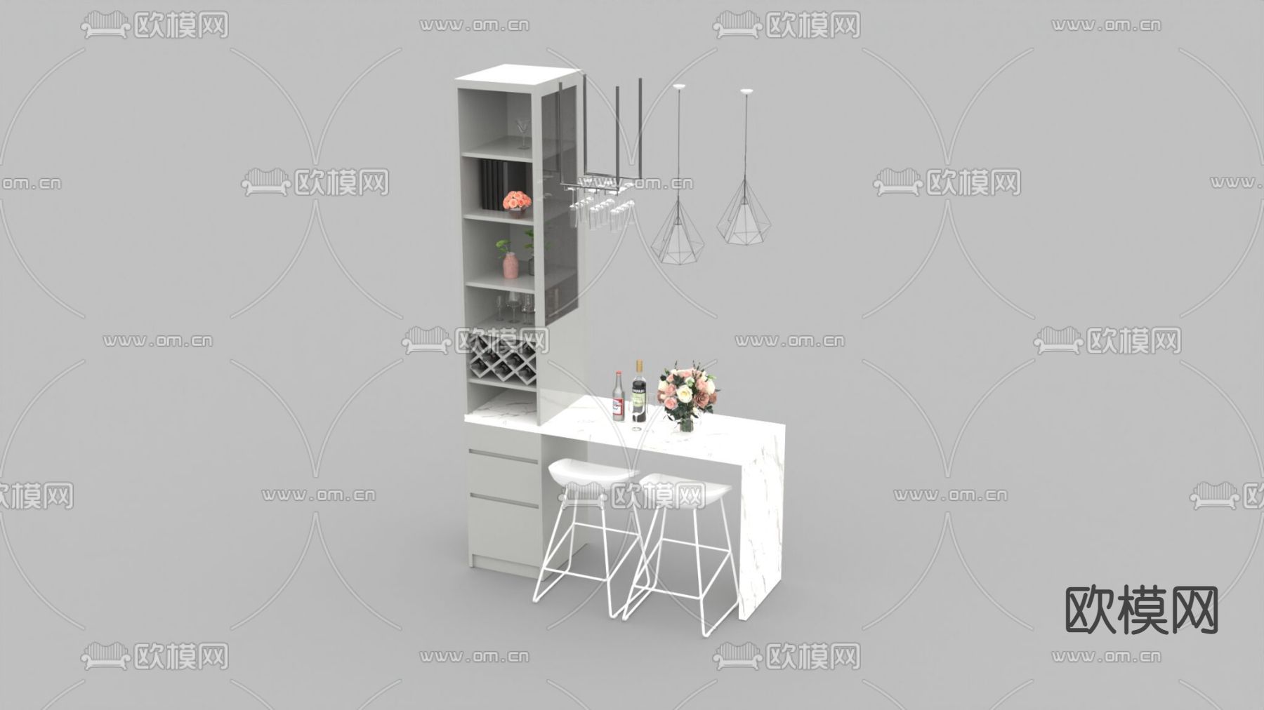 现代简约实木酒柜大理石吧台免费3d模型下载
