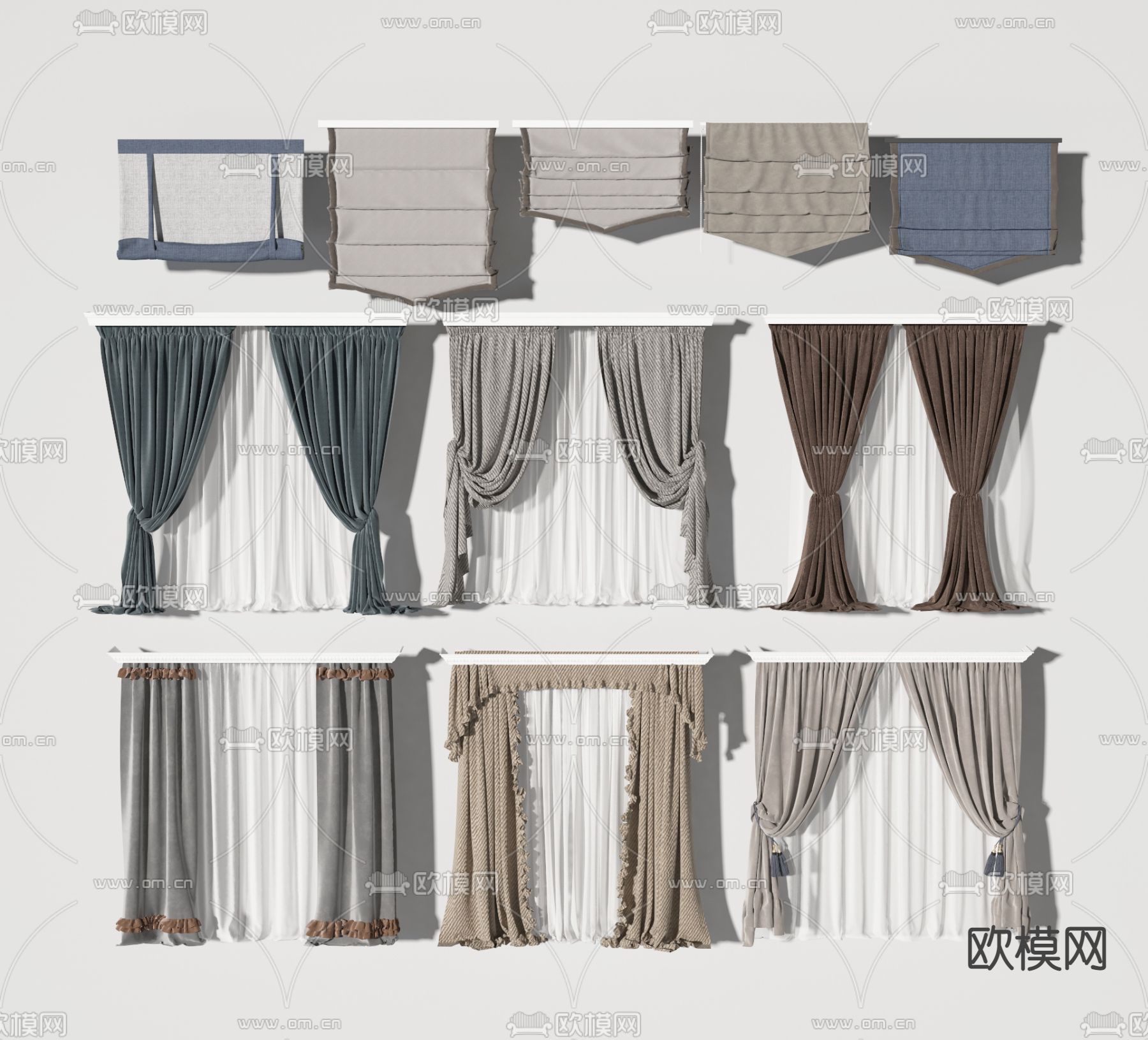 简欧布艺窗帘拉帘3d模型下载