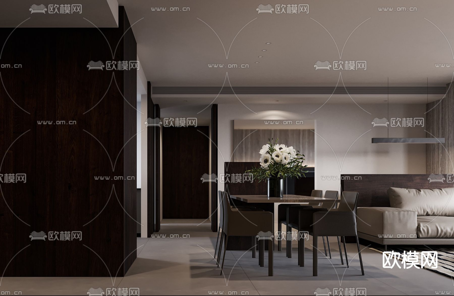 现代高级灰客厅餐厅3d模型下载（渲染图3）