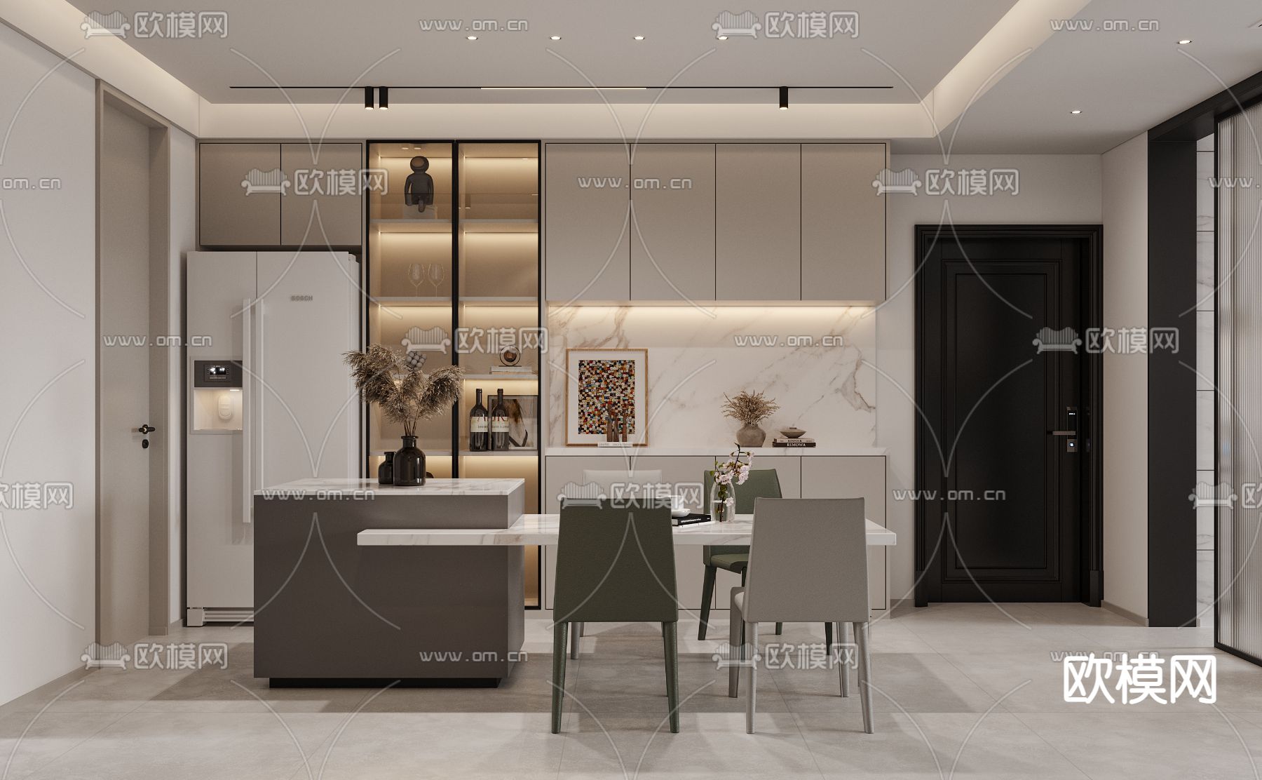 现代极简客厅餐厅3d模型下载（渲染图3）