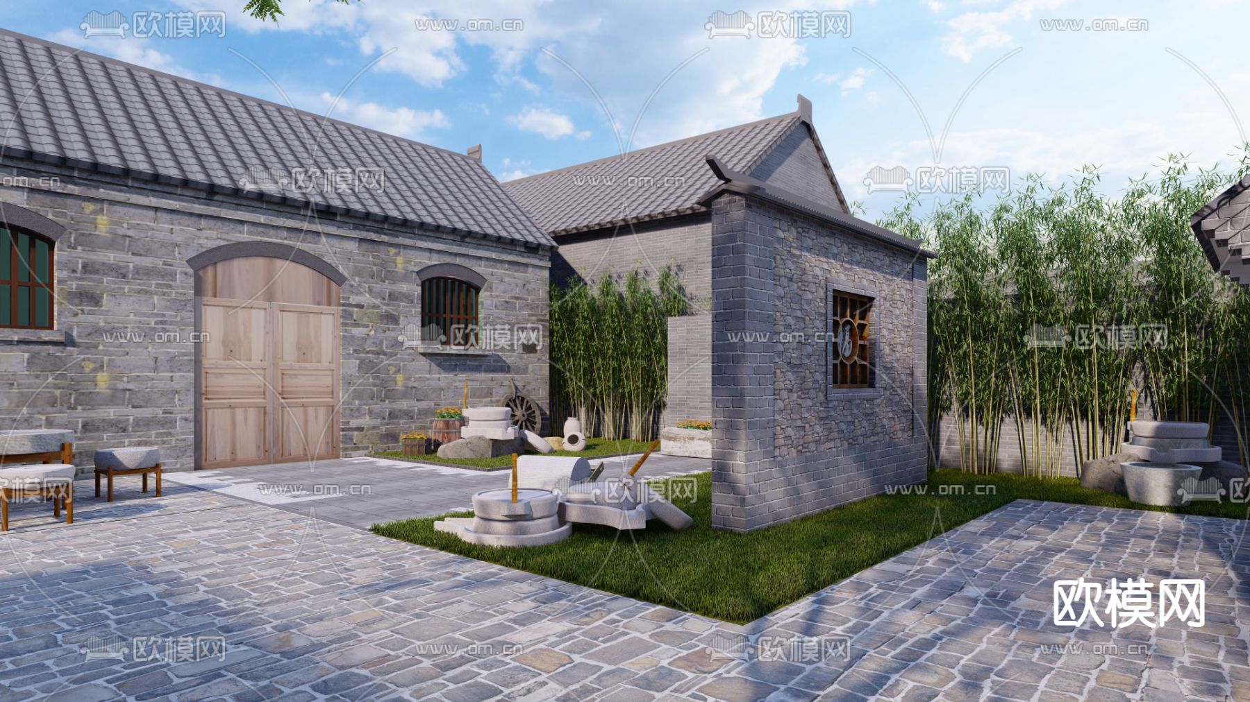 中式庭院景观su模型下载（渲染图3）