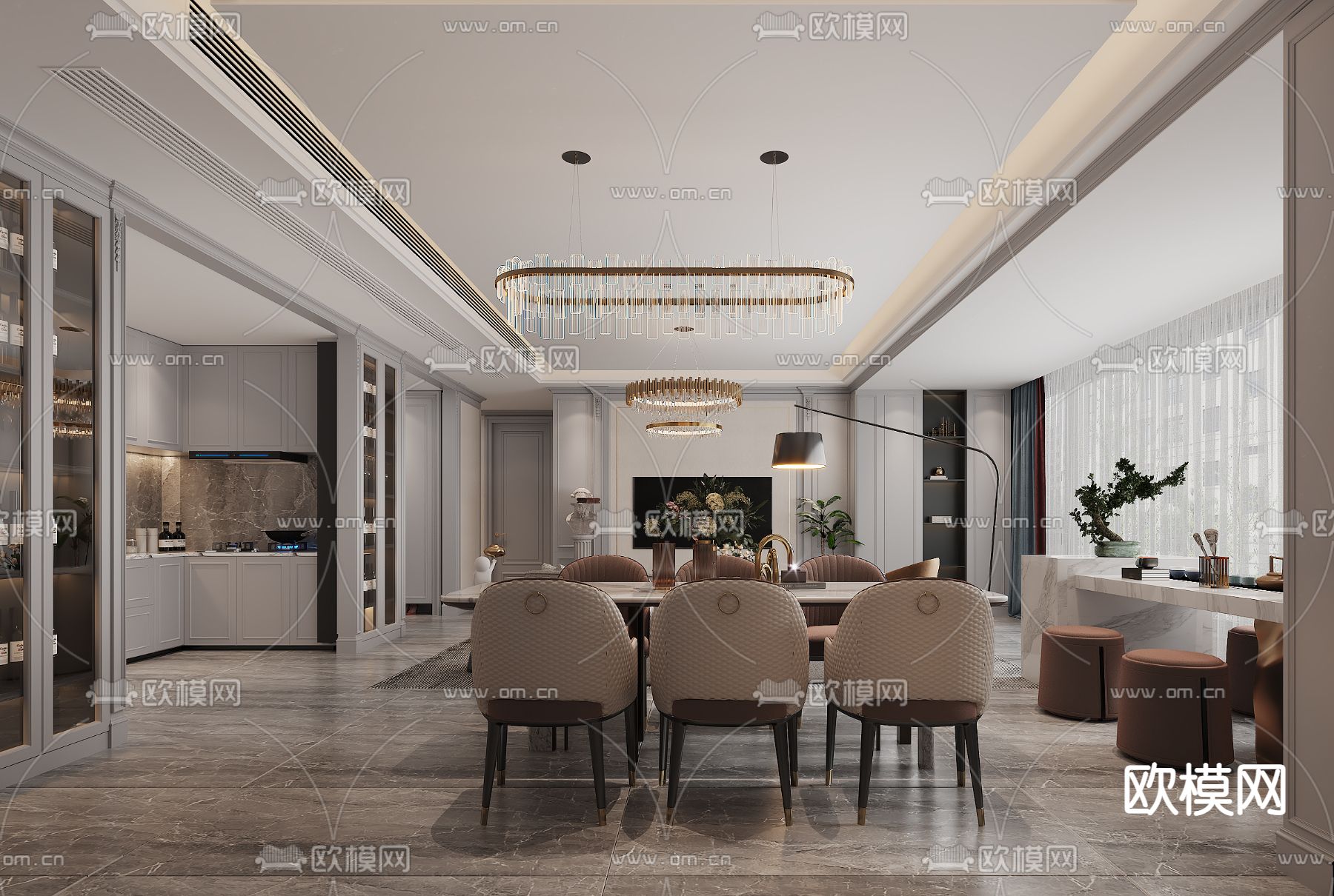 美式轻奢客厅餐厅3d模型下载（渲染图3）