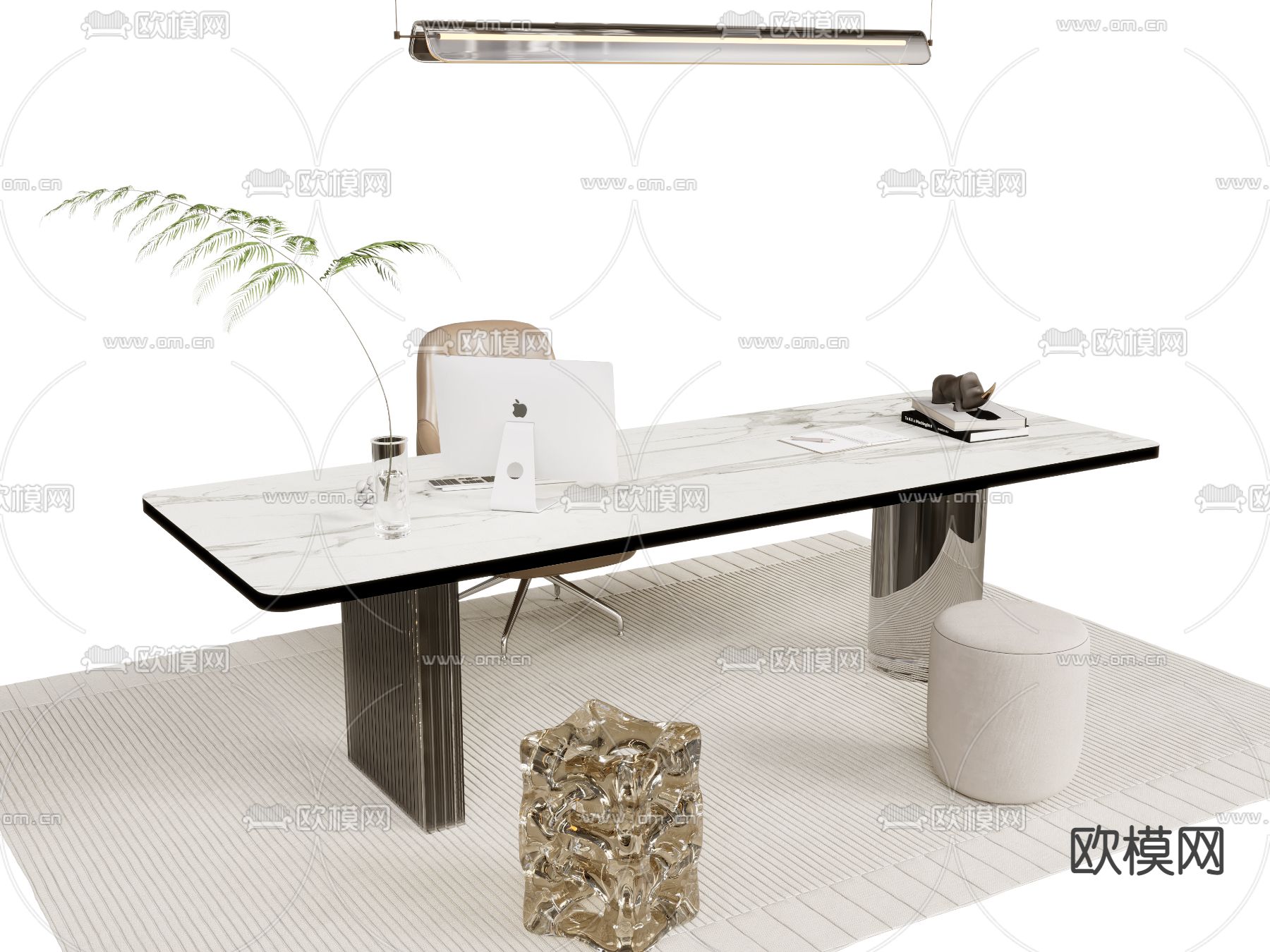 现代长条形大理石书桌椅3d模型下载_ID12072314_3dmax免费模型-欧模网