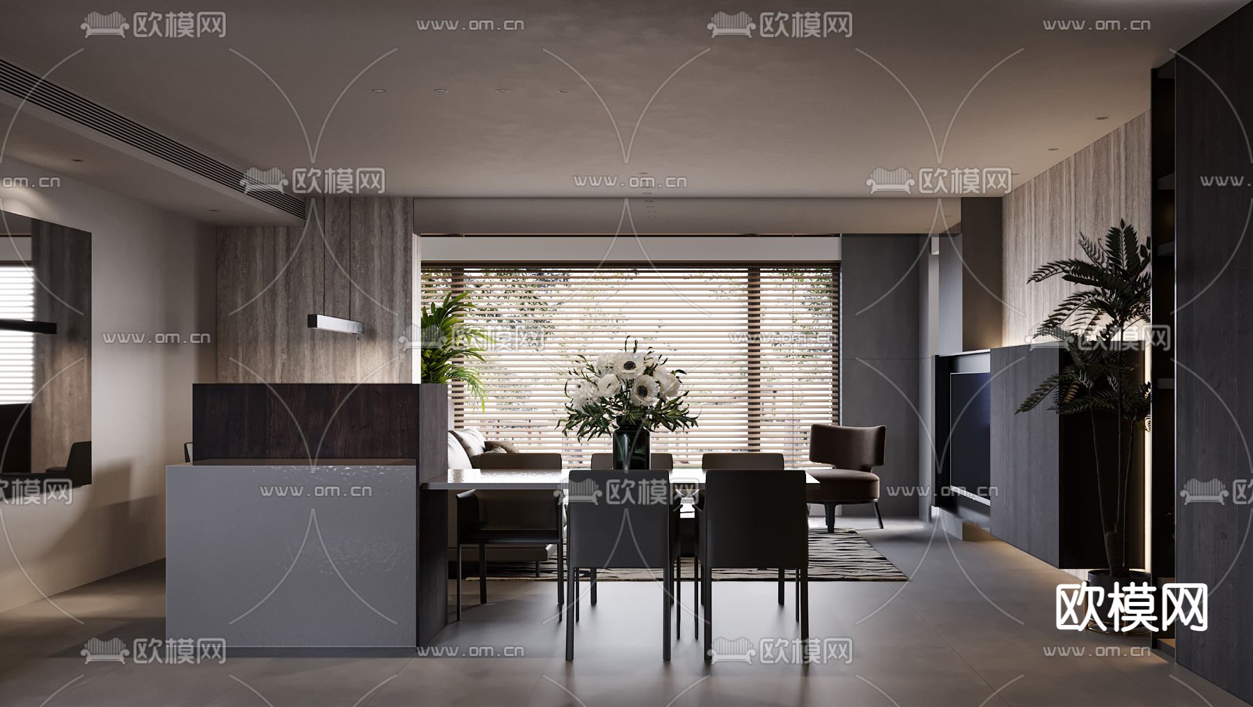 现代高级灰客厅餐厅3d模型下载（渲染图4）