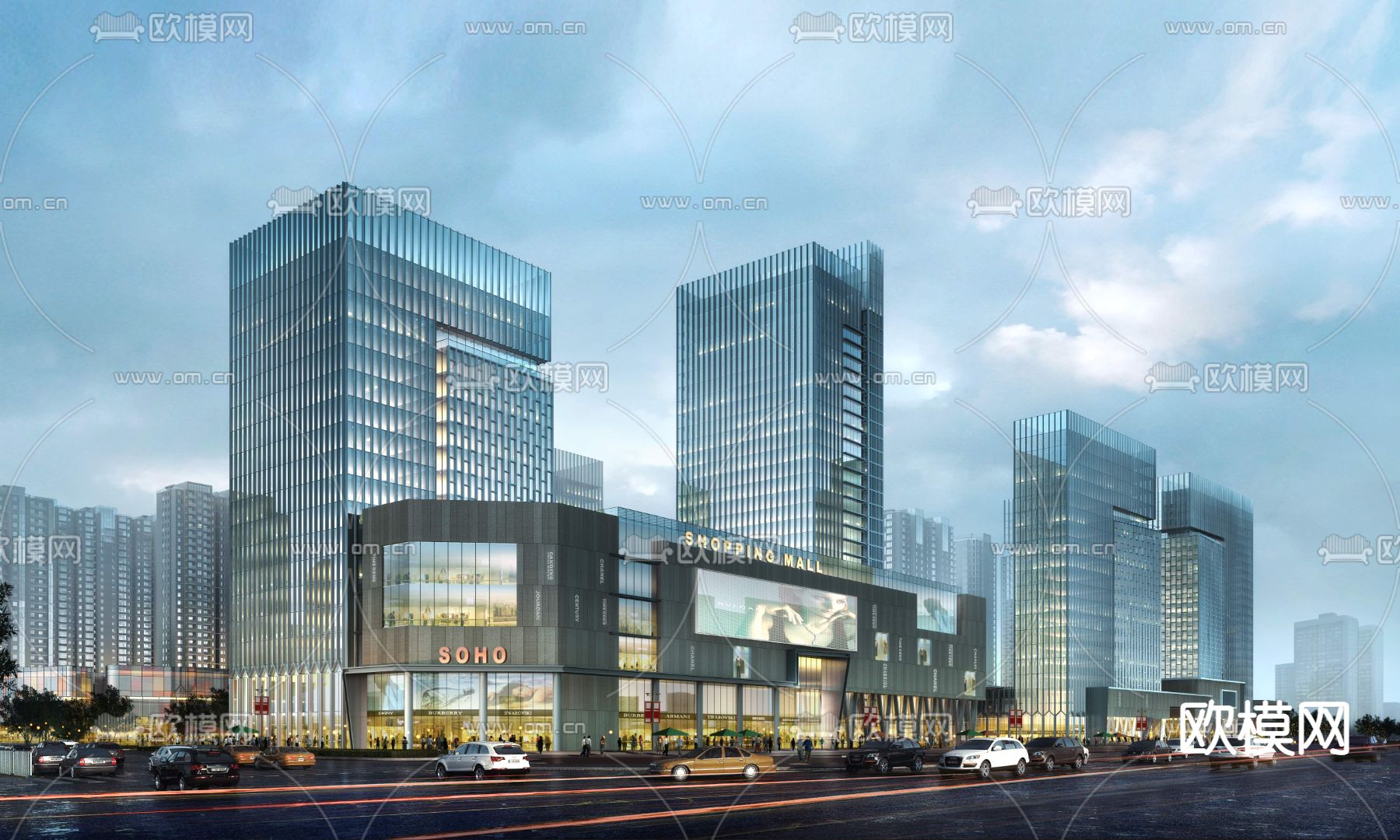 现代商业街建筑外观景观psd下载_ID12069195_3dmax免费模型-欧模网