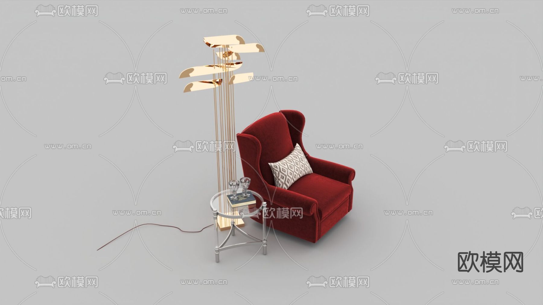 简欧轻奢布艺单人沙发不锈钢玻璃边几组合免费3d模型下载