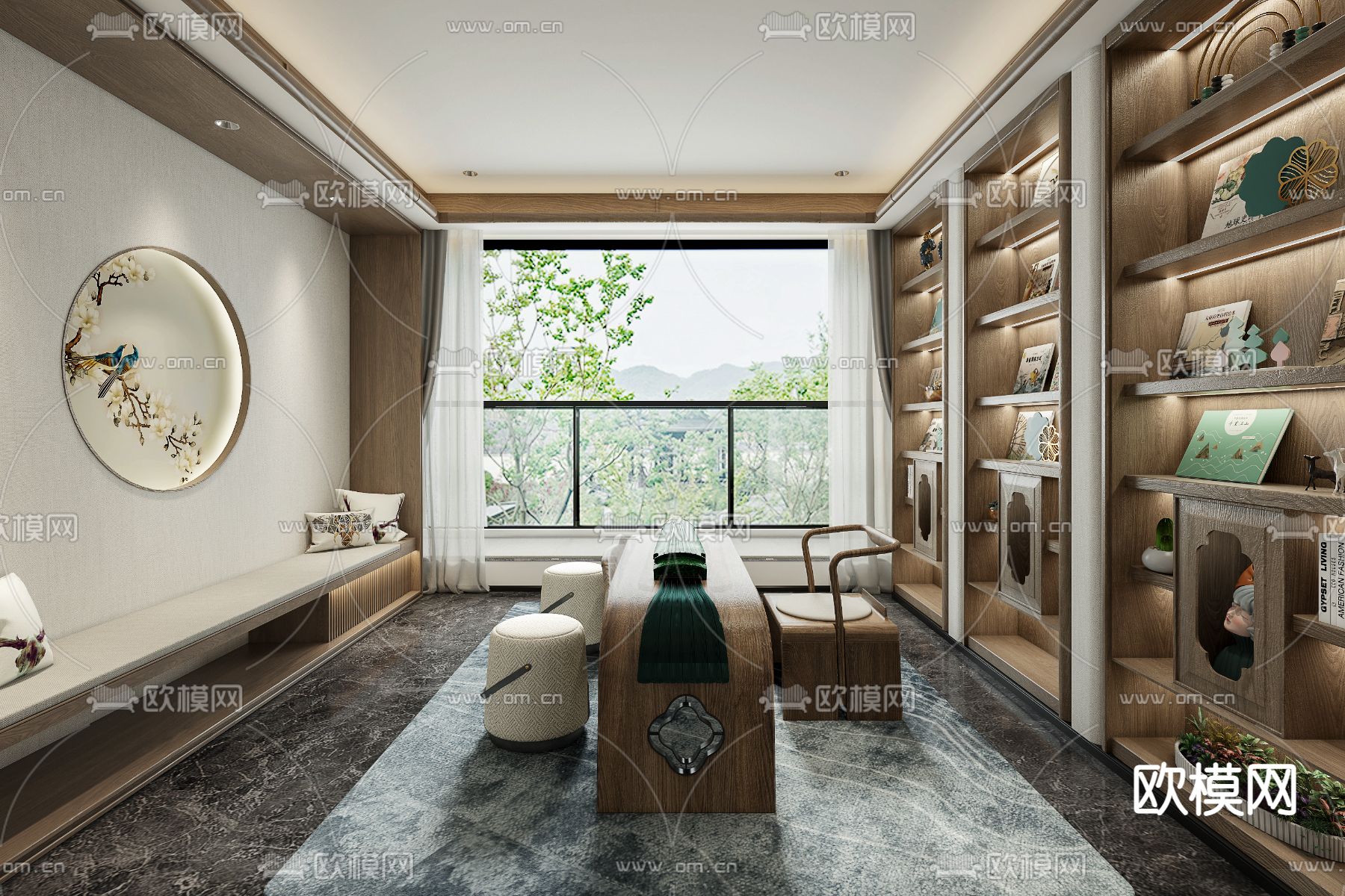 盘石设计 新中式书房3d模型下载（渲染图1）