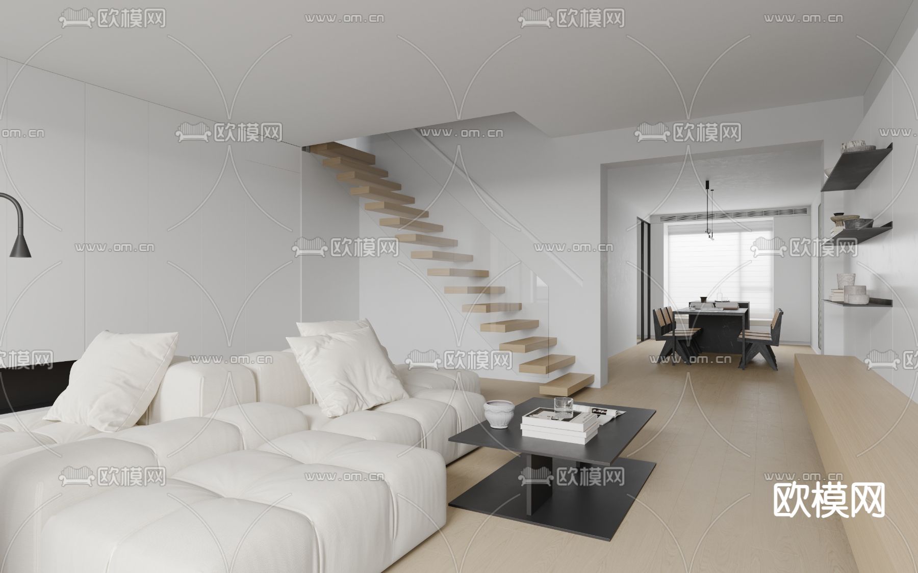 现代奶油风复式客厅餐厅3d模型