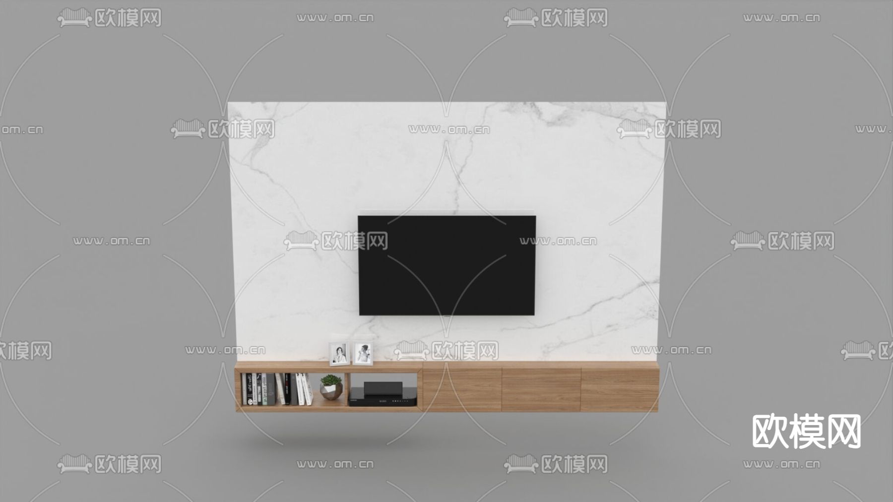 北欧简约大理石实木电视背景墙免费3d模型下载