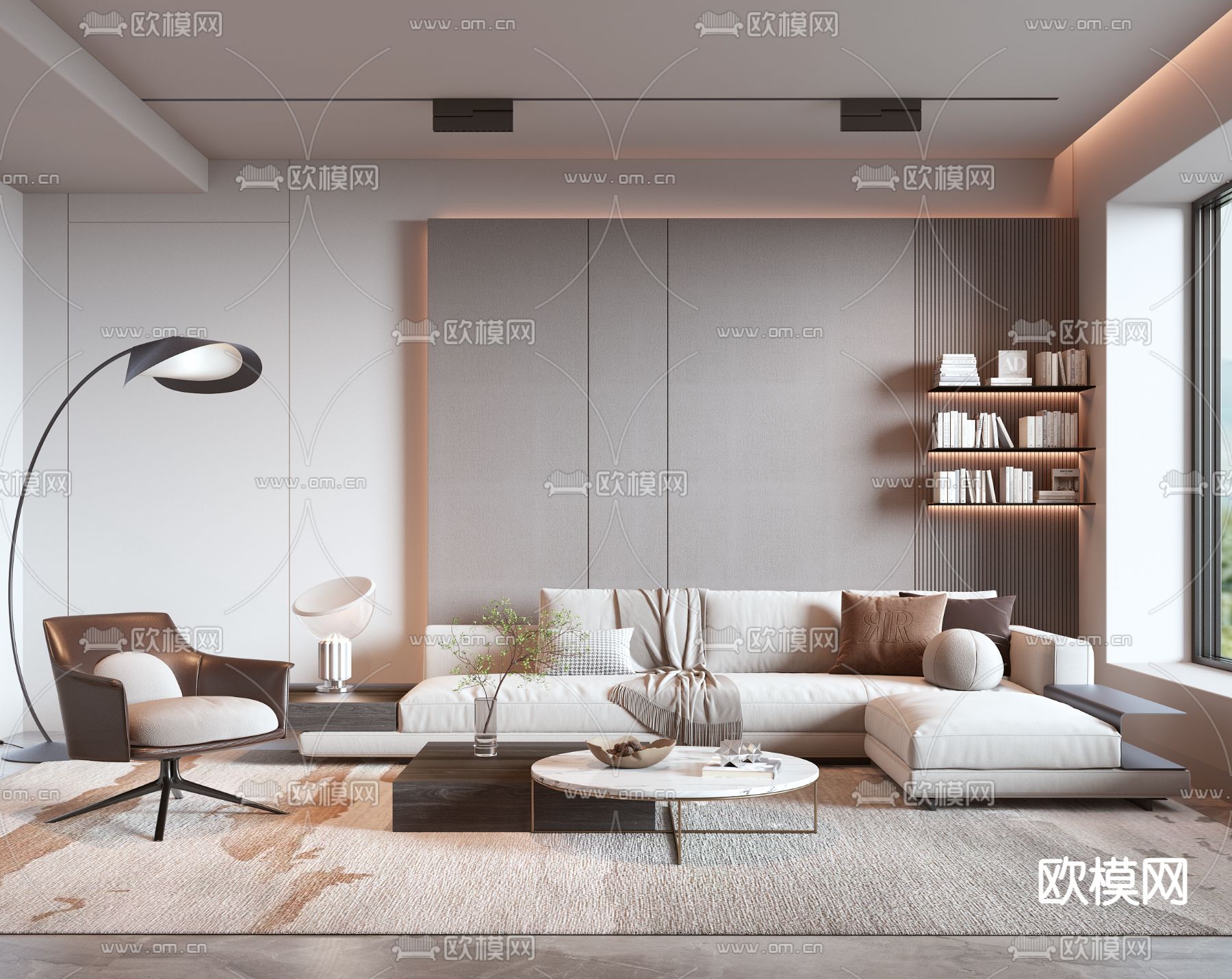 奶油风简约客厅3d模型下载_ID12068155_3dmax免费模型-欧模网