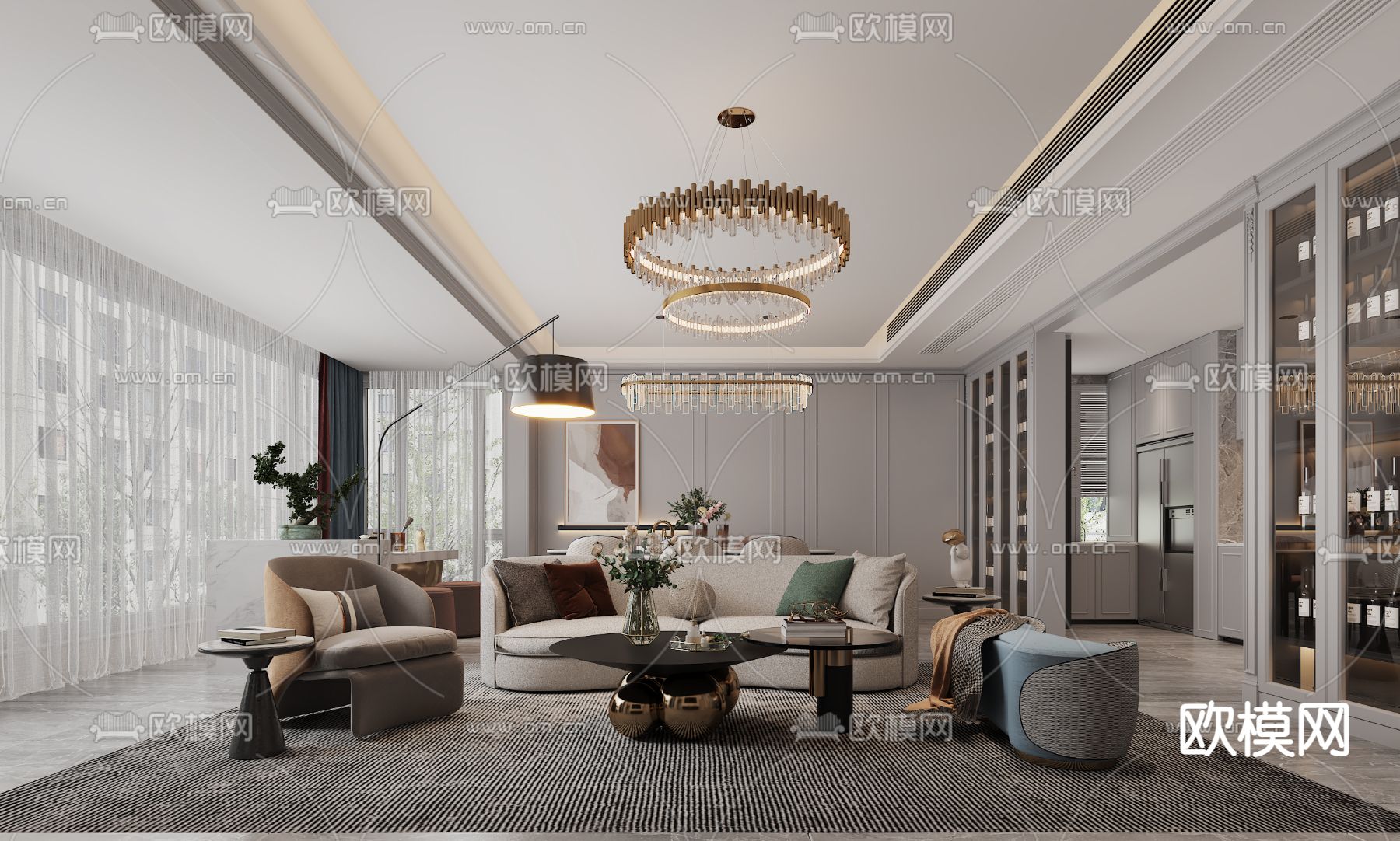 美式轻奢客厅餐厅3d模型下载（渲染图1）