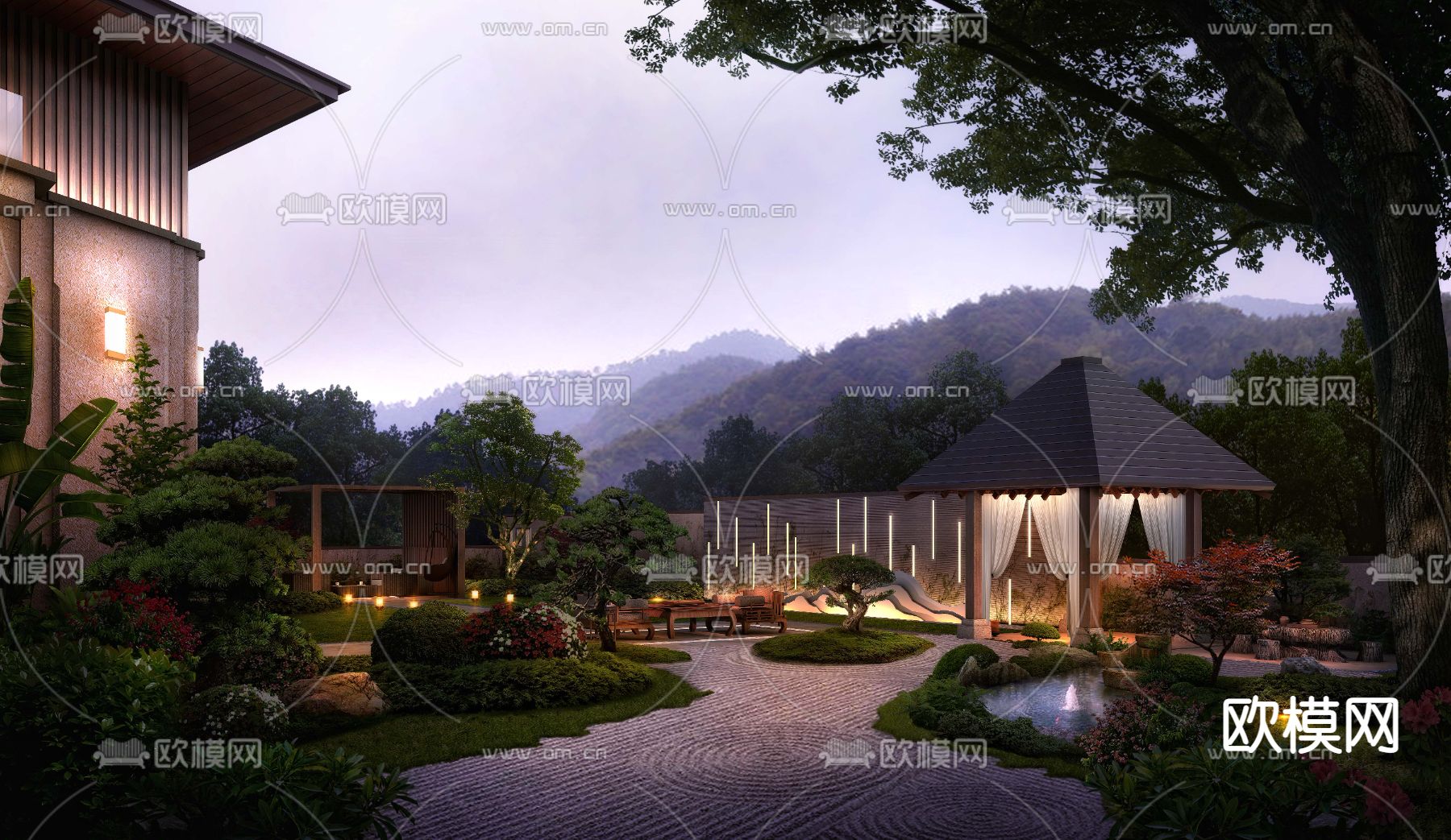 新中式住宅花园夜景景观psd下载