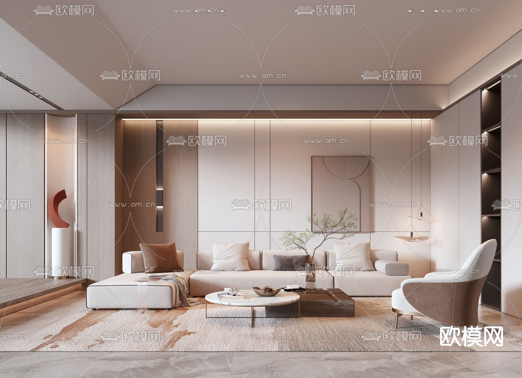 现代奶油风客厅3d模型下载