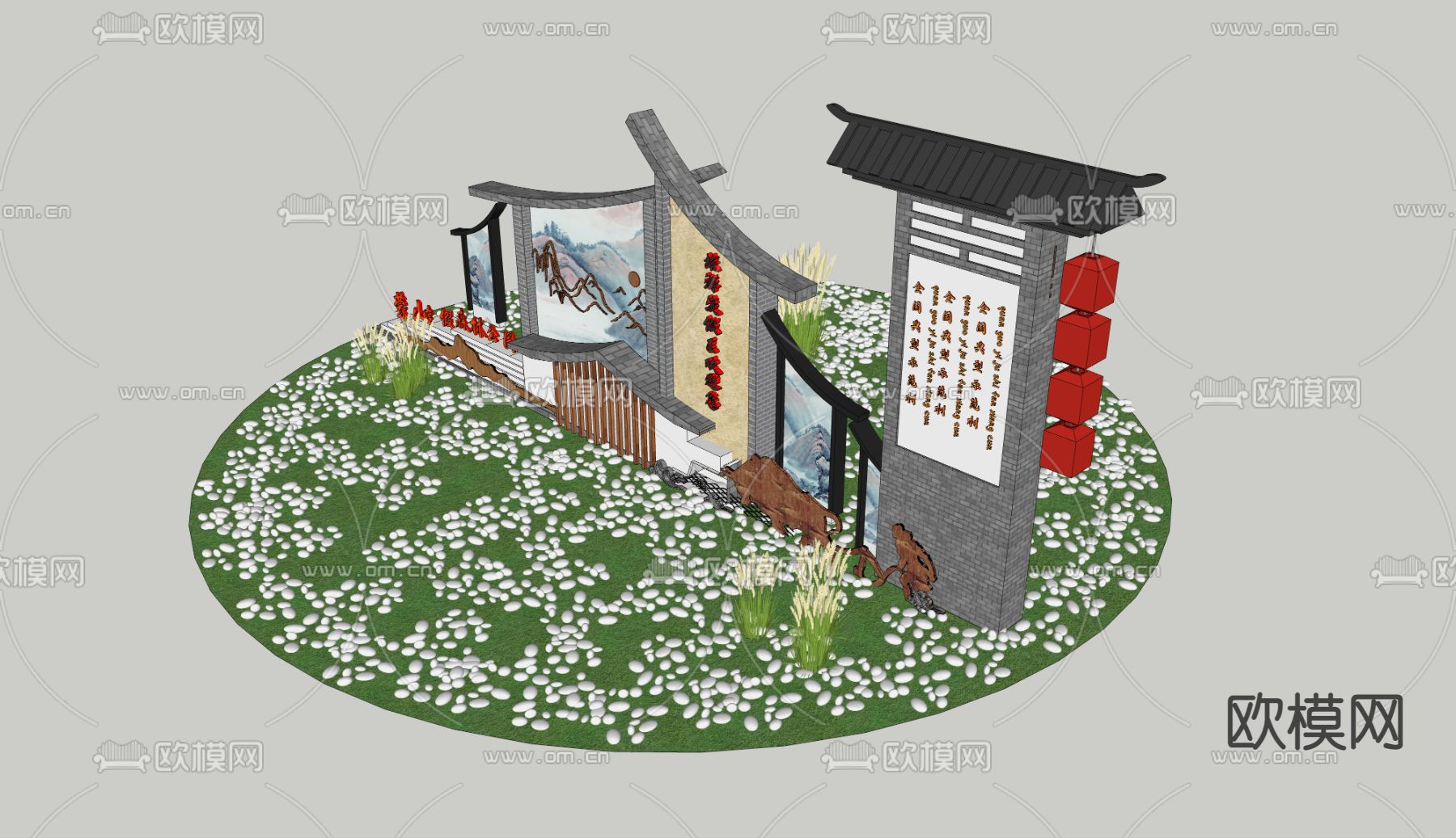 新中式标识乡村指示牌su模型下载