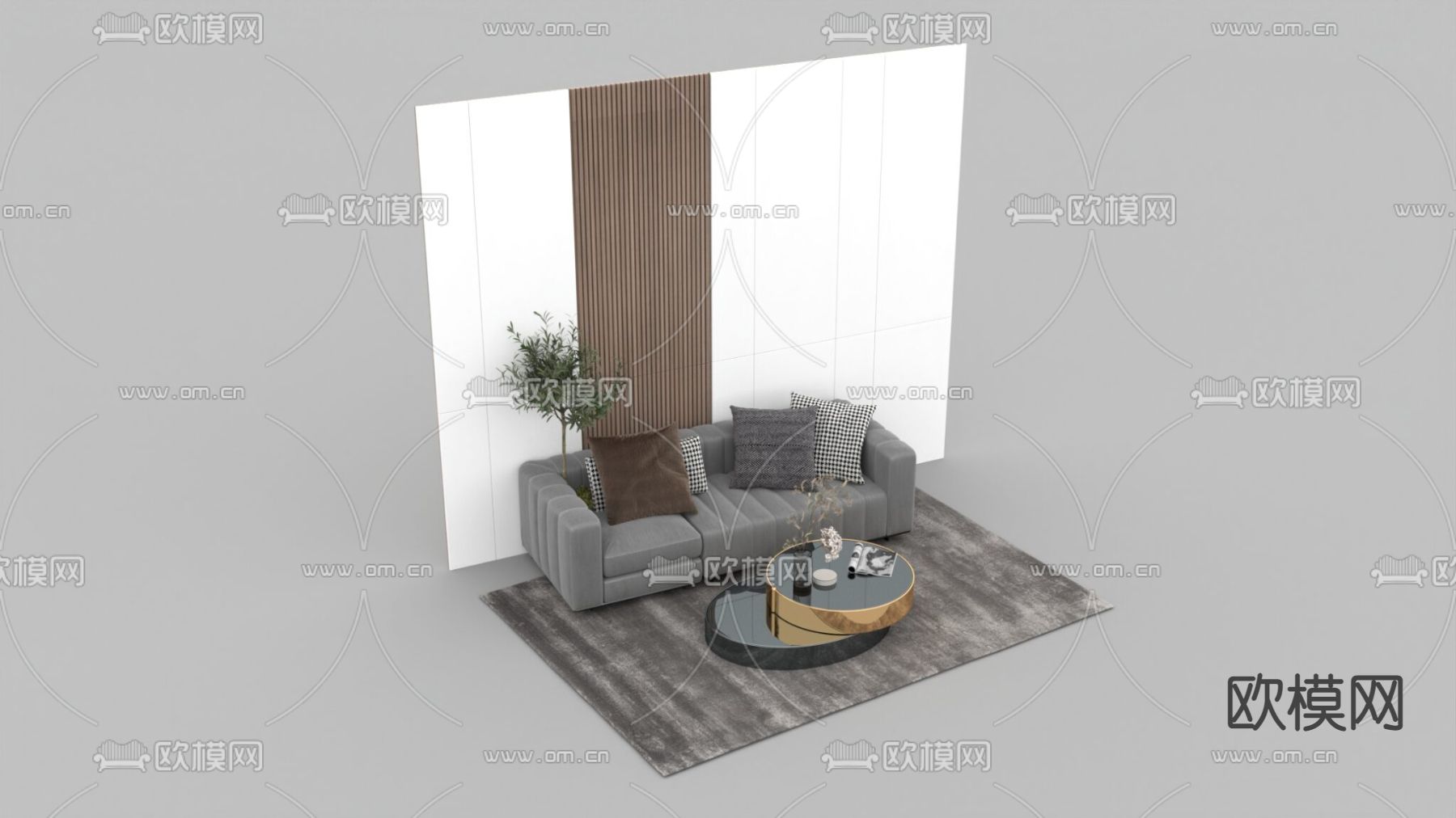 现代简约实木背景墙布艺沙发不锈钢实木茶几免费3d模型下载