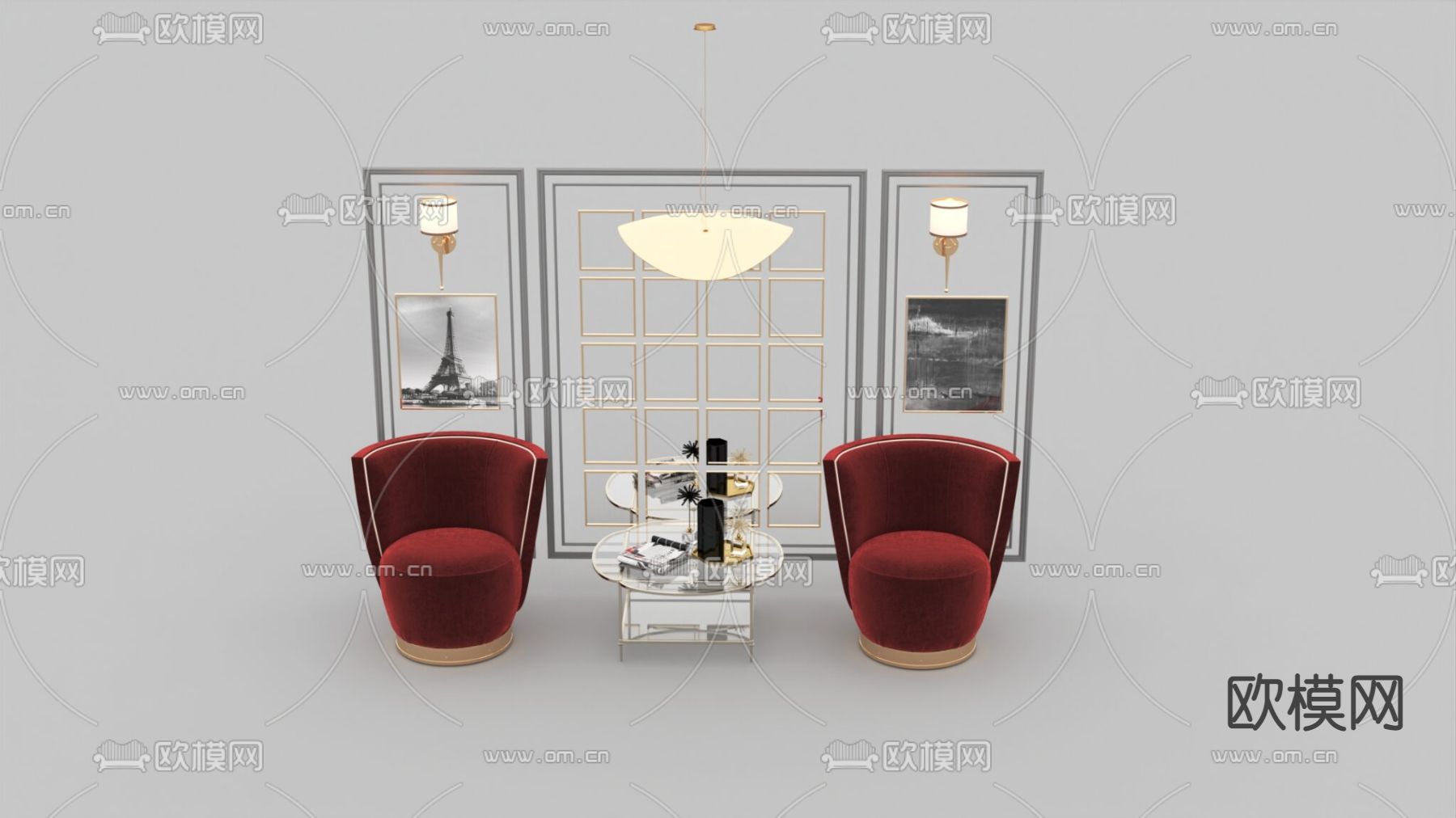 简欧实木不锈钢线条背景墙布艺单人沙发组合免费3d模型下载