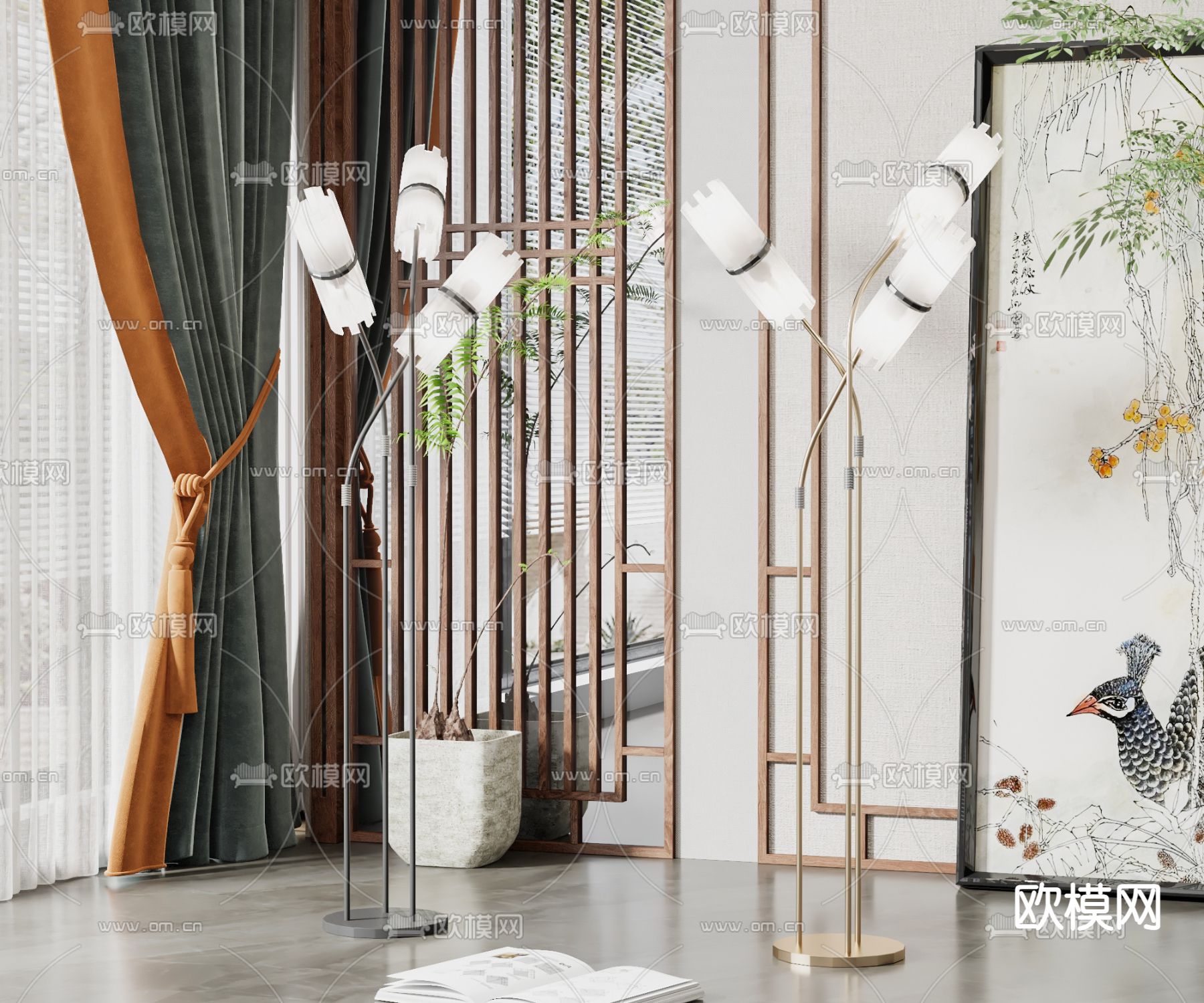 新中式金属多头落地灯3d模型下载