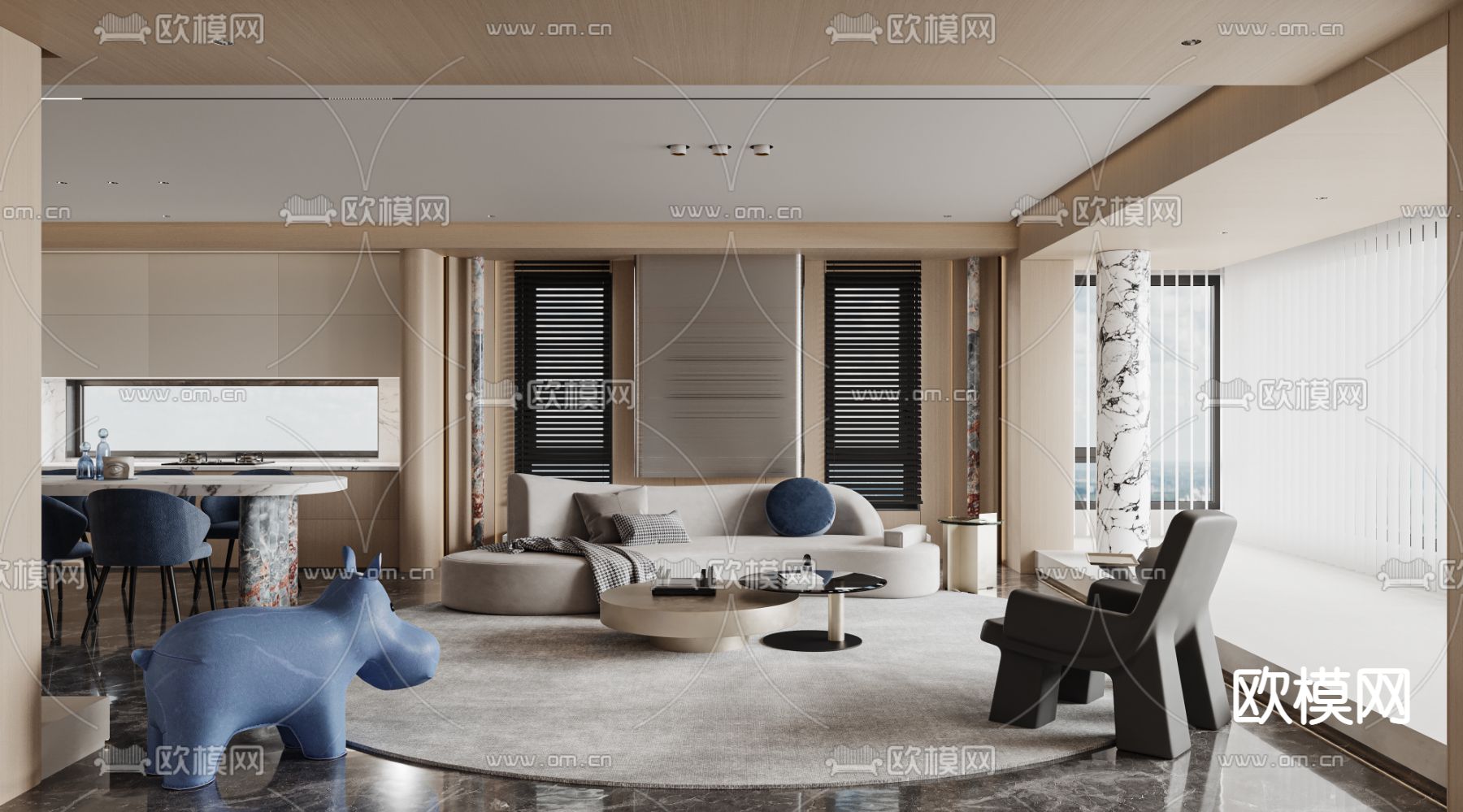 现代轻奢复式客厅餐厅3d模型