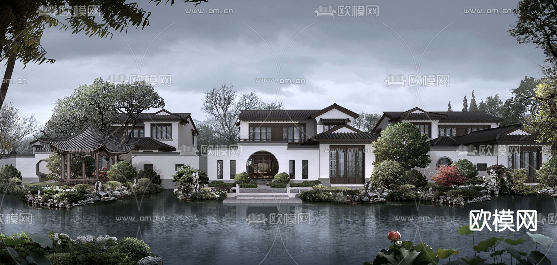 中式水景庭院花园景观psd下载