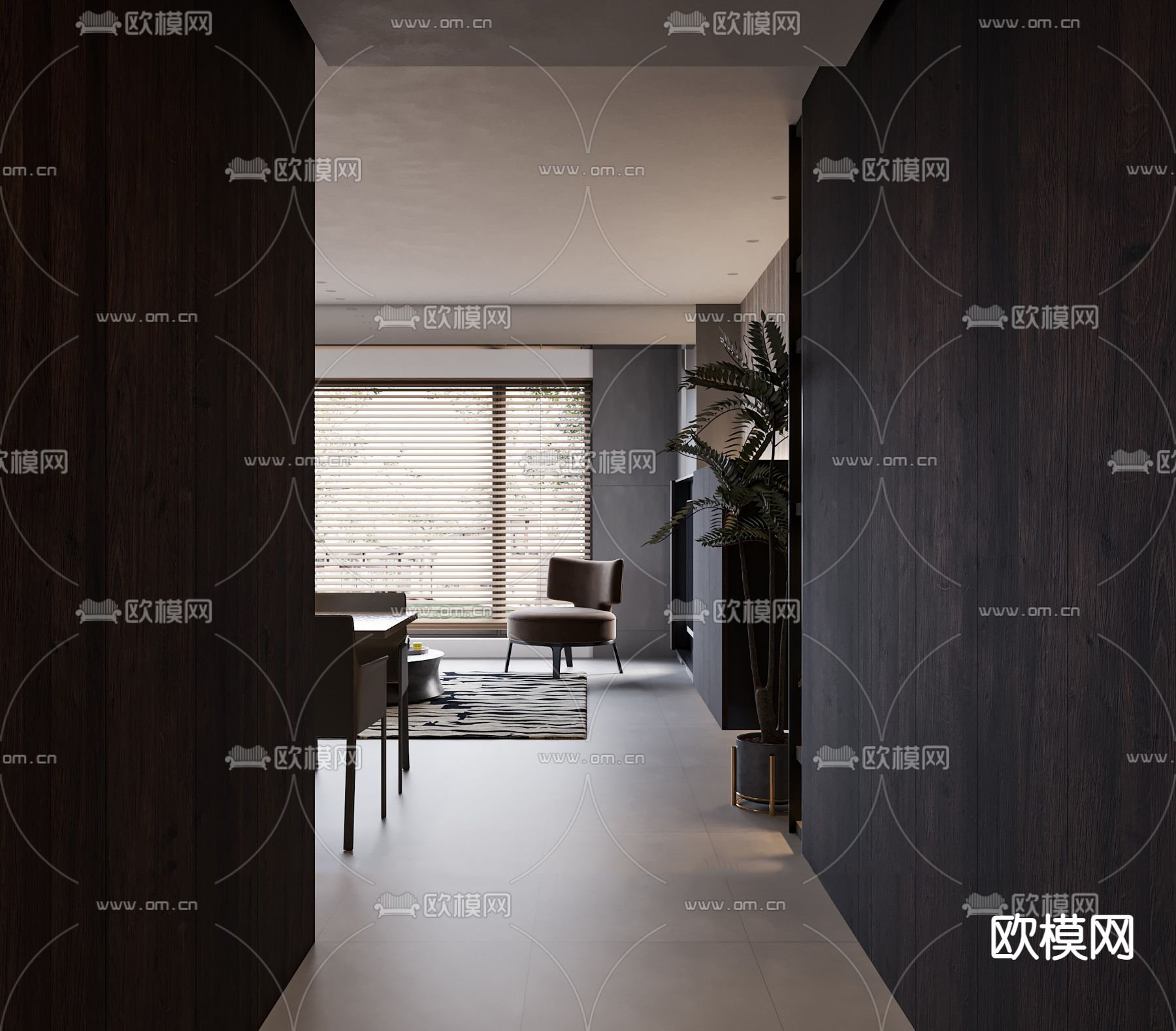 现代高级灰客厅餐厅3d模型下载（渲染图2）