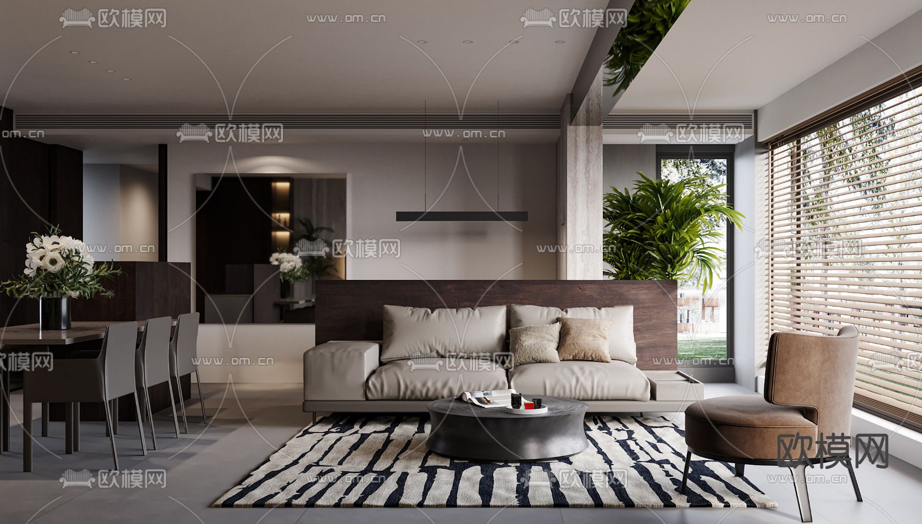 现代高级灰客厅餐厅3d模型下载（渲染图1）
