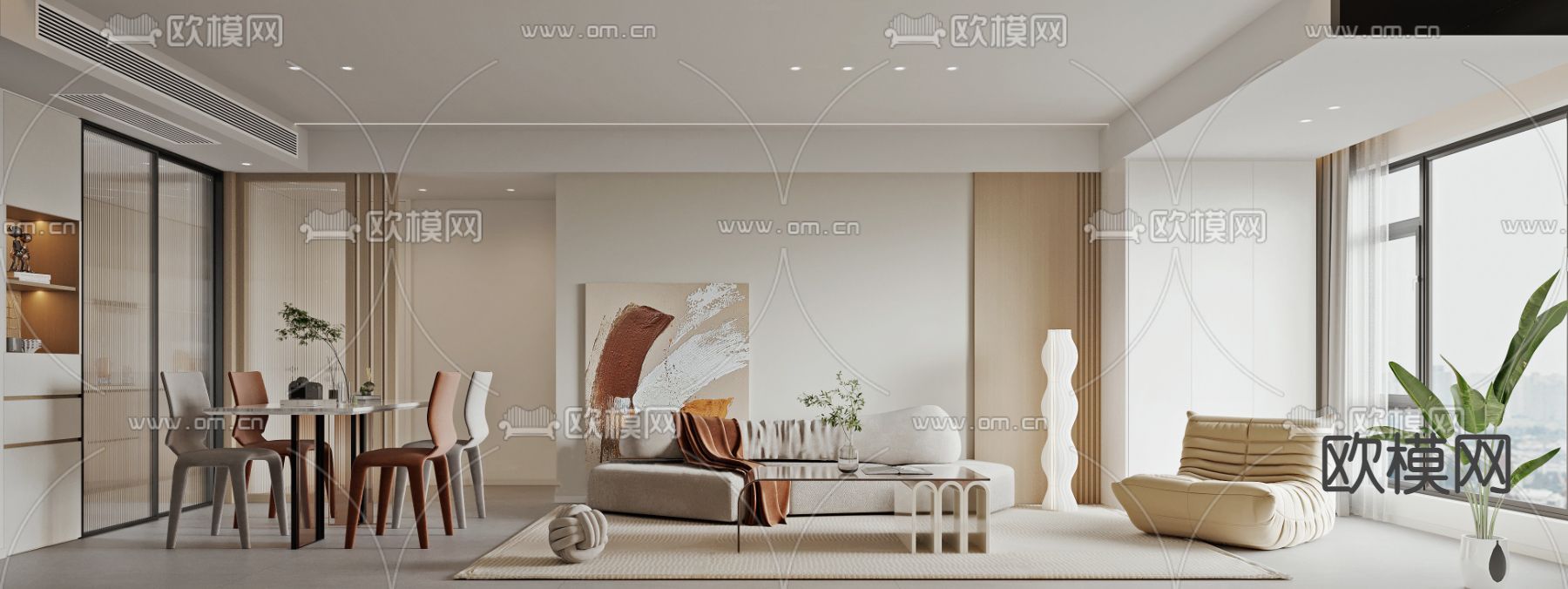 现代奶油风客餐厅3d模型下载（渲染图1）