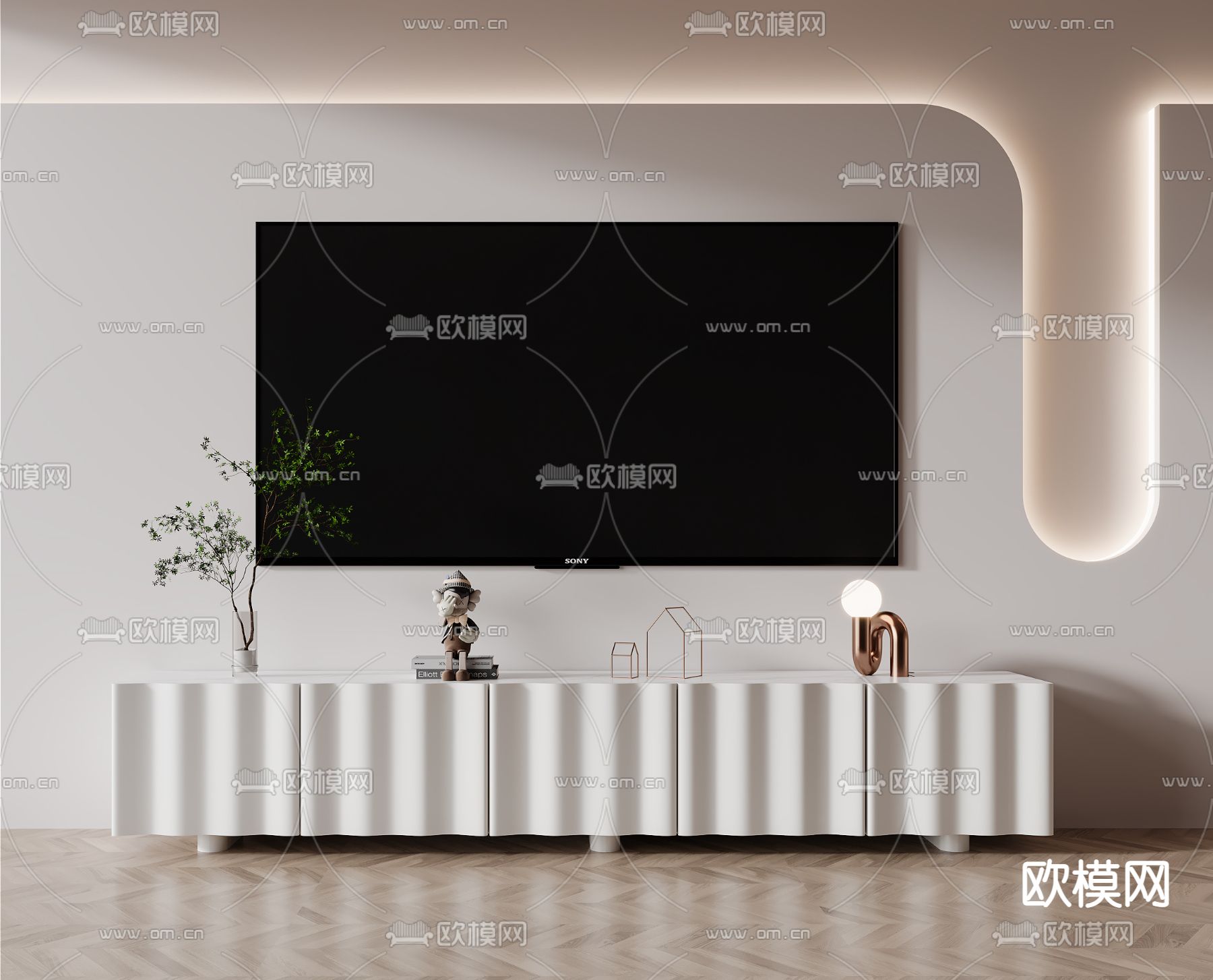 现代奶油白电视柜3d模型下载