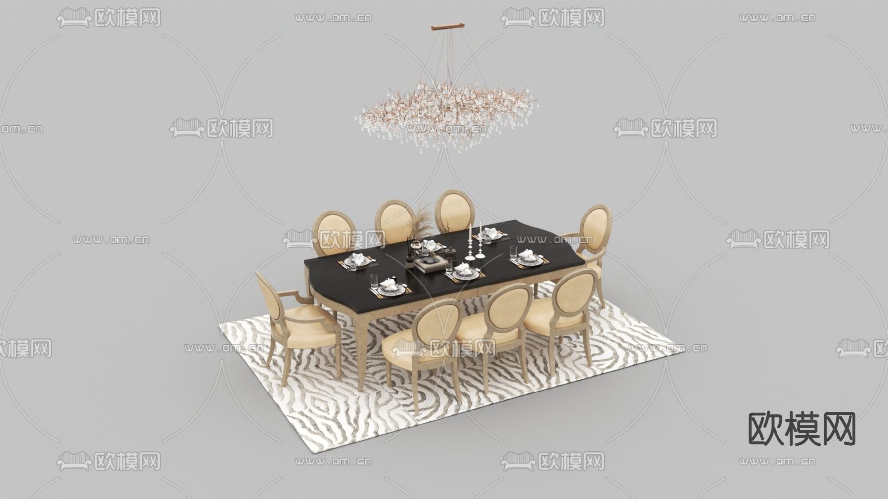简欧轻奢实木皮革餐桌椅免费3d模型下载