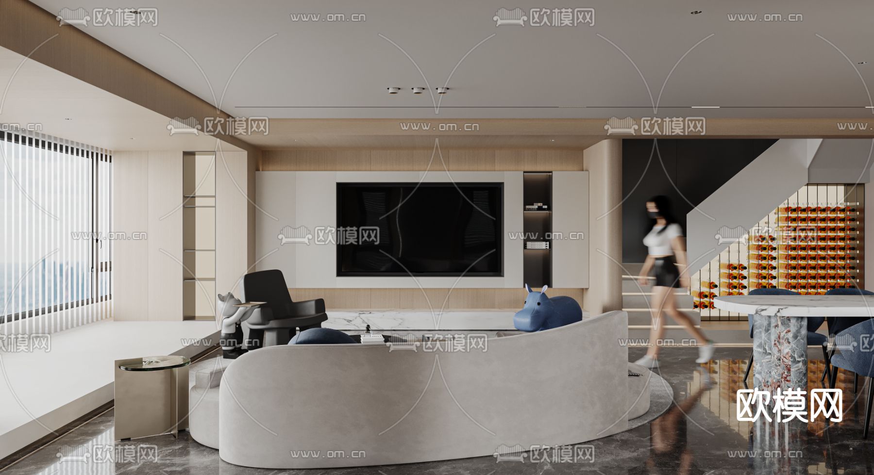 现代轻奢复式客厅餐厅3d模型