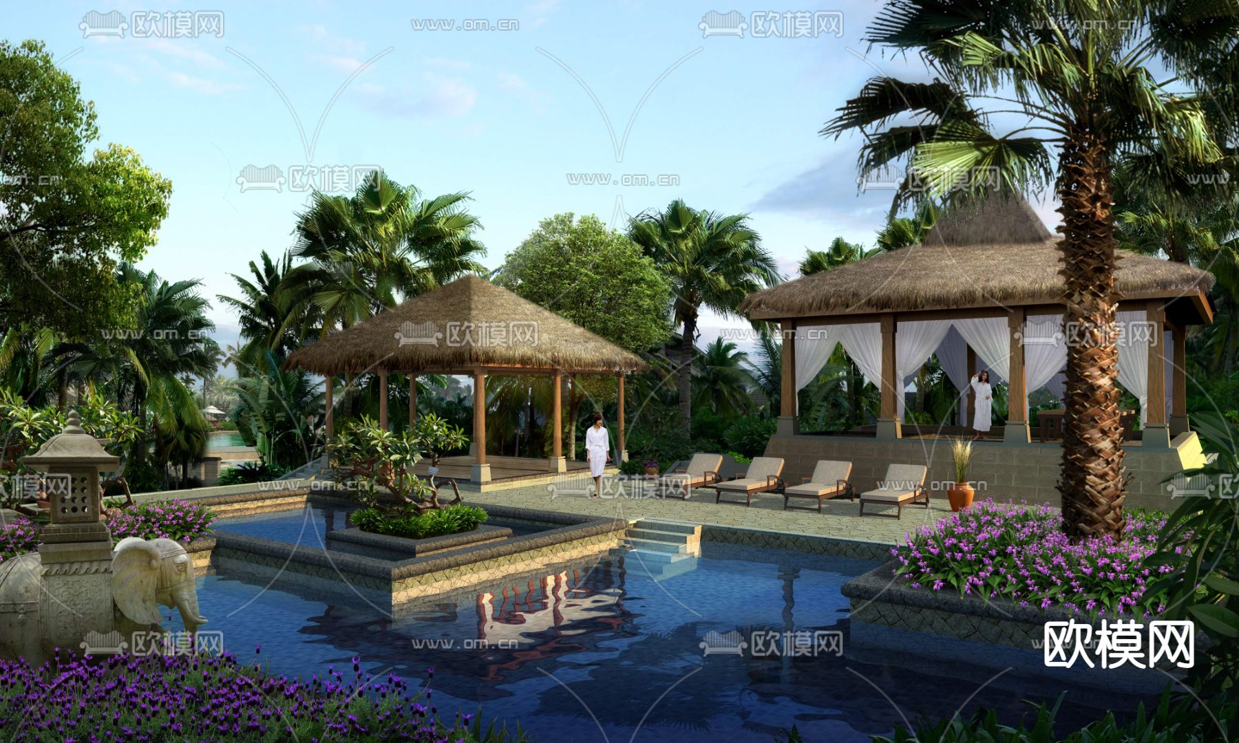 新中式公园游泳池景观psd下载