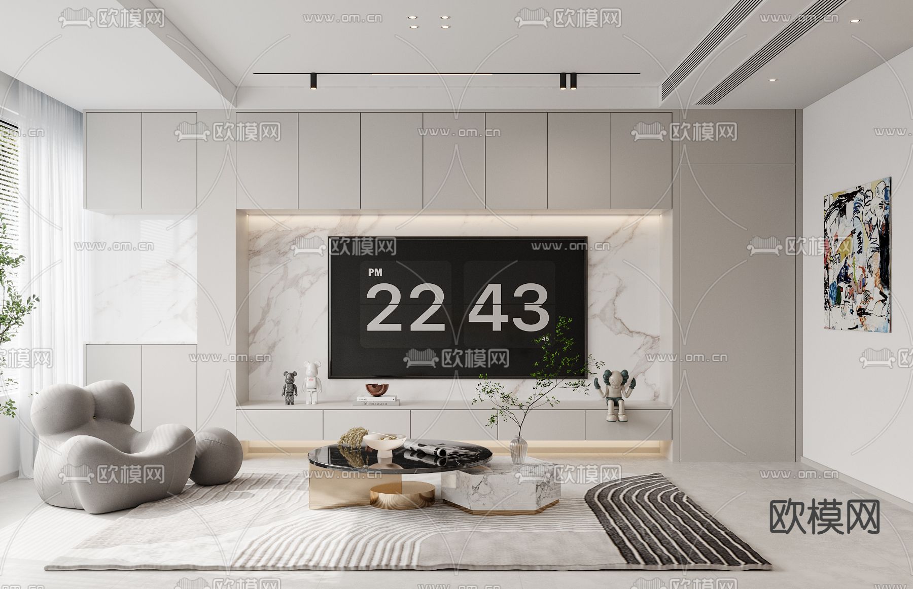 现代极简客厅餐厅3d模型下载（渲染图2）