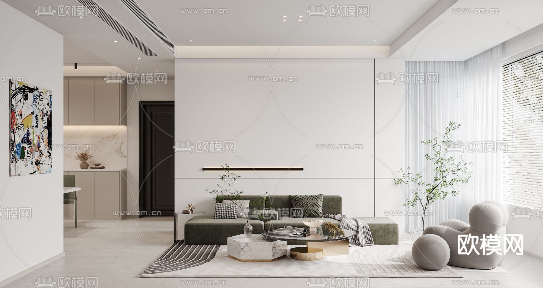 现代奶油风客厅餐厅3d模型下载（渲染图1）