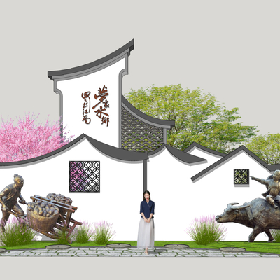  新中式乡村标识牌su模型 