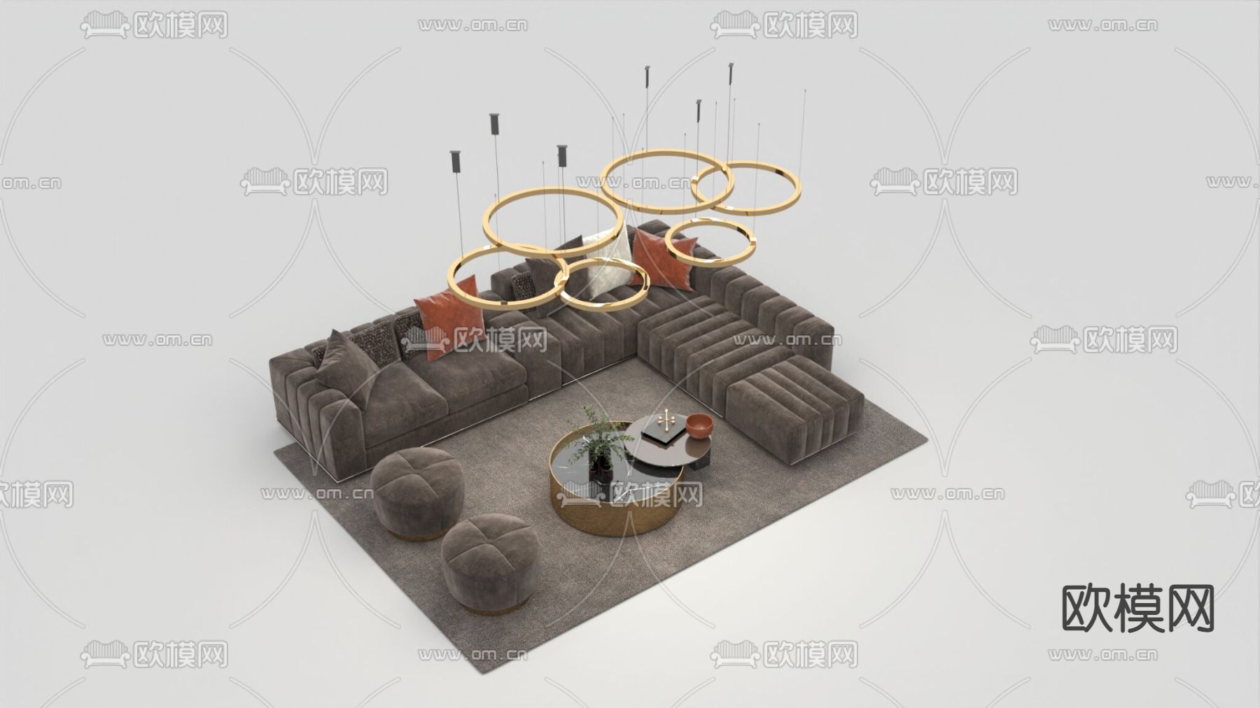 现代轻奢布艺转角沙发不锈钢大理石茶几组合免费3d模型下载