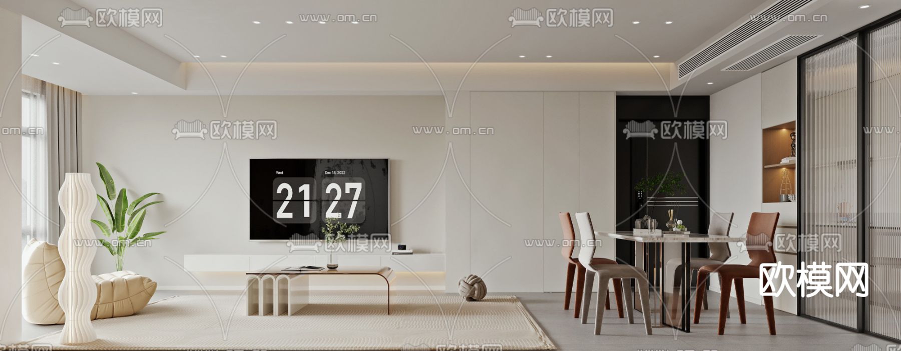 现代奶油风客餐厅3d模型下载（渲染图2）