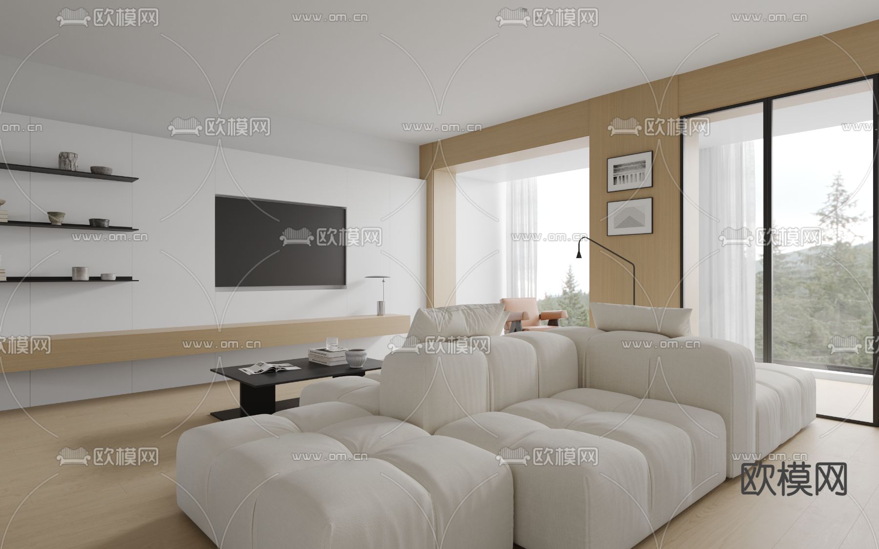 现代奶油风复式客厅餐厅3d模型