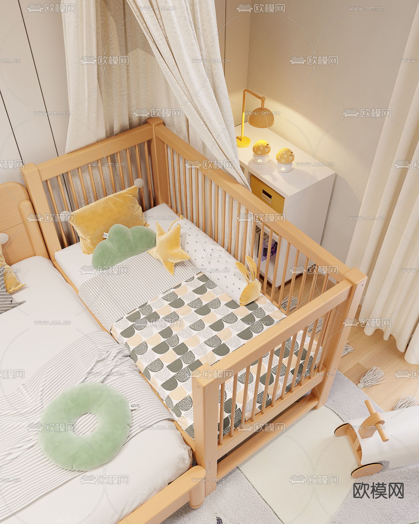 北欧风实木婴儿床3d模型下载（渲染图1）