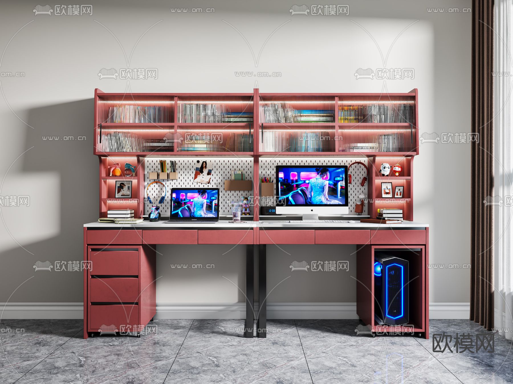 现代轻奢粉色书桌3d模型下载_ID12068771_3dmax免费模型-欧模网