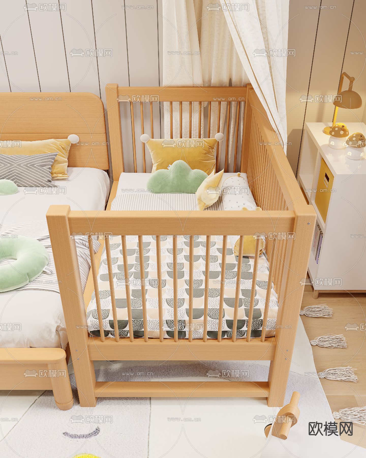 北欧风实木婴儿床3d模型下载（渲染图2）