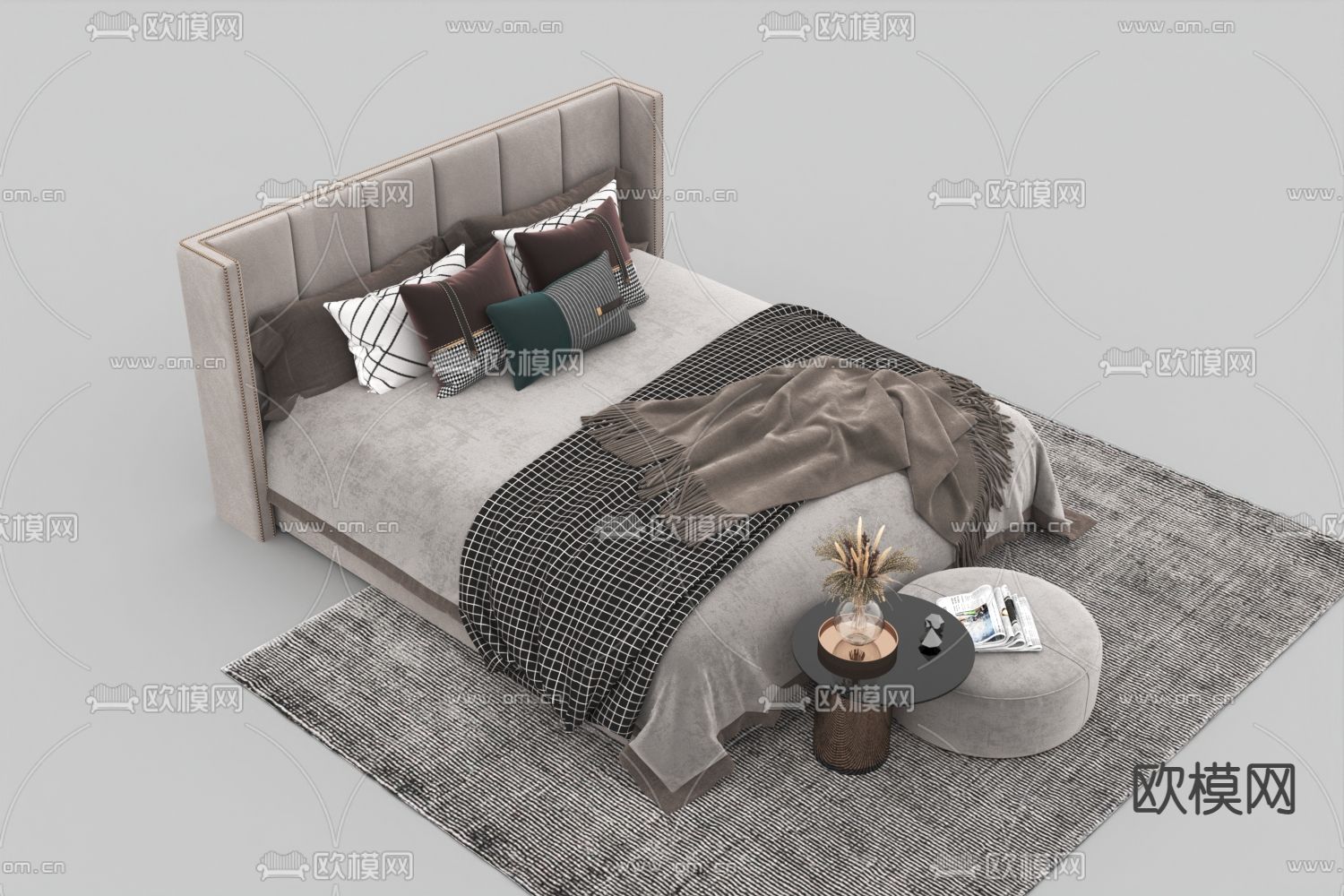 现代轻奢铆钉布艺双人床免费3d模型下载