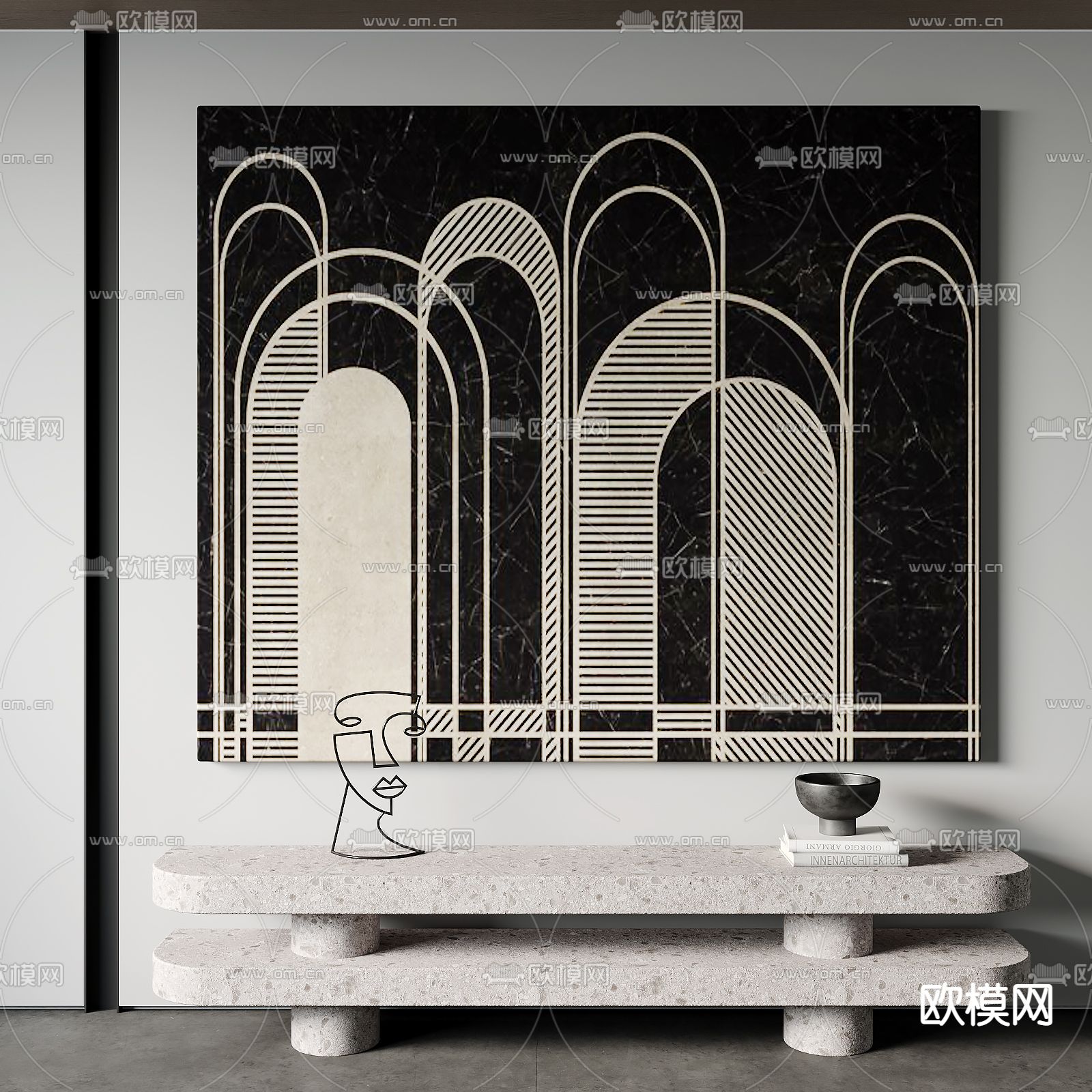 侘寂风抽象装饰画su模型下载（渲染图1）