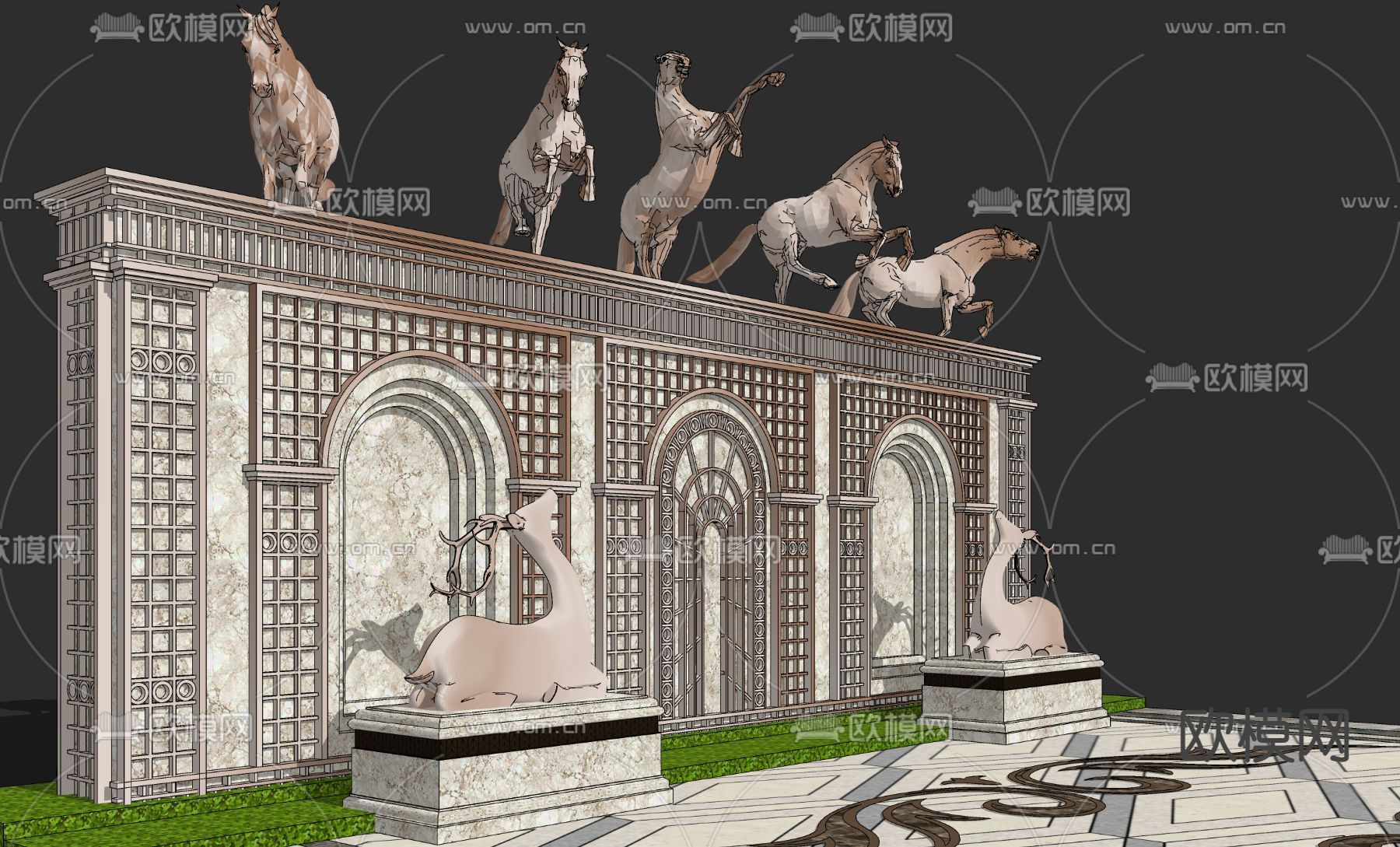 欧式马雕塑凯旋景墙su模型下载（渲染图2）