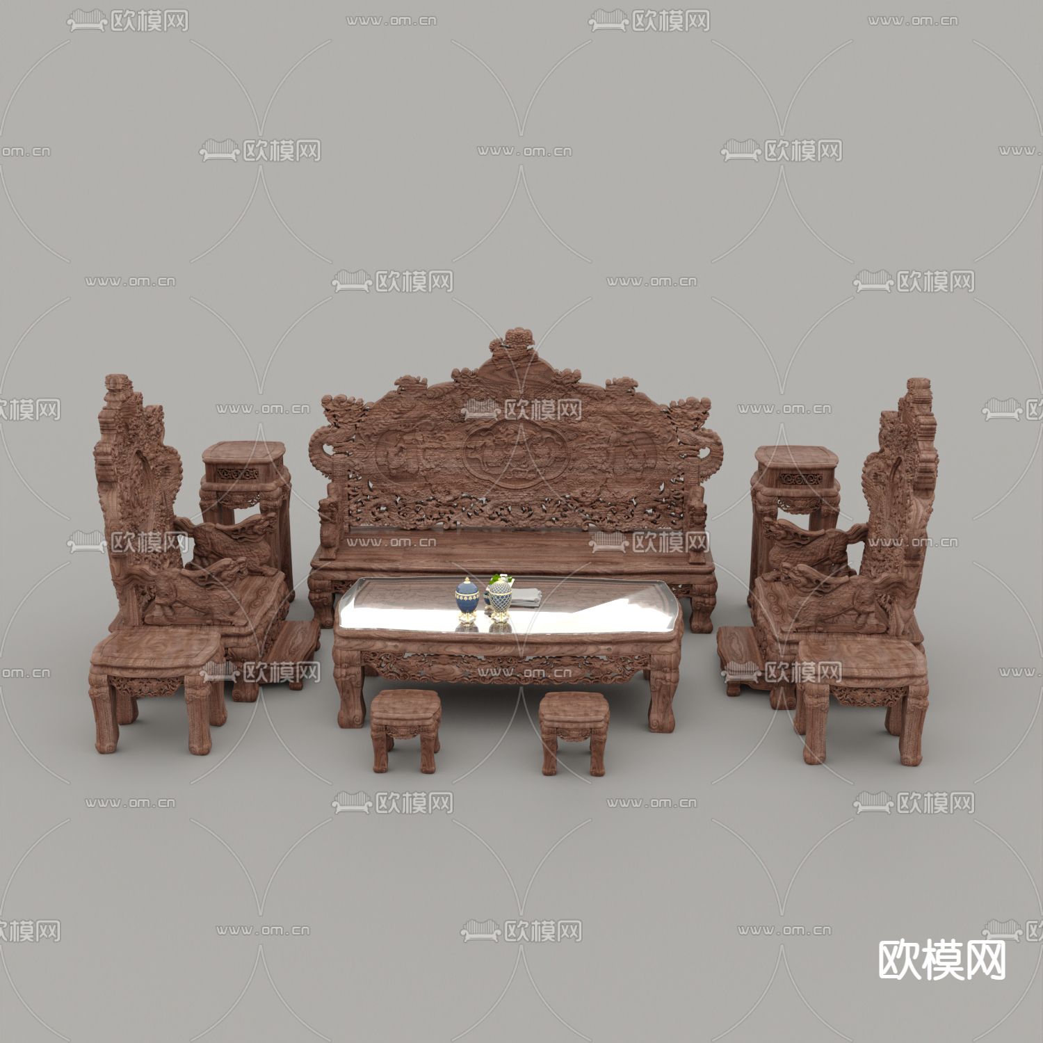 中式古典红木雕花沙发组合免费3d模型下载