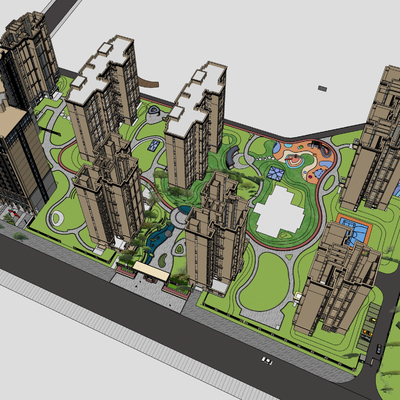  现代小区住宅鸟瞰su模型 