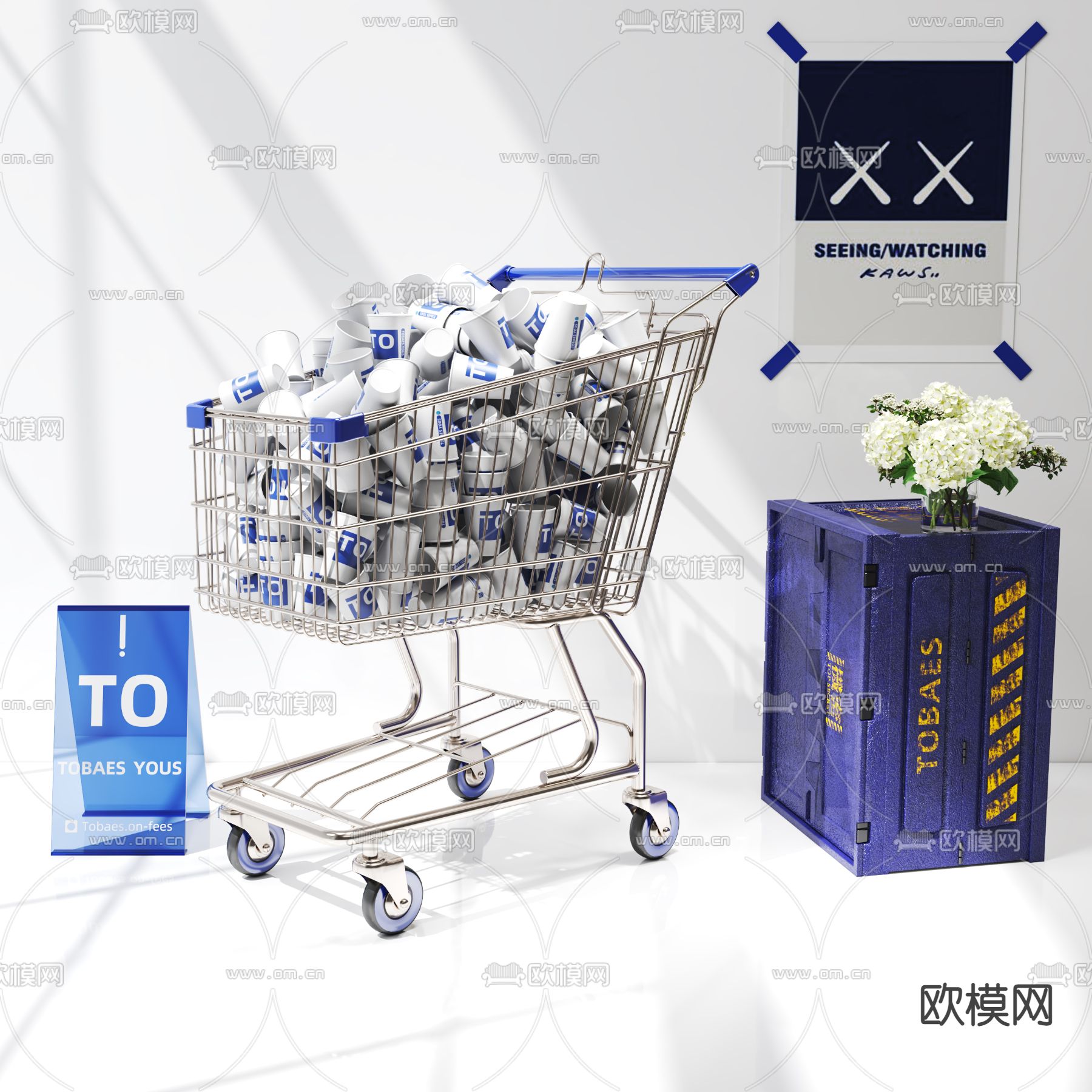 现代克莱因蓝购物推车提示牌3d模型下载（渲染图3）