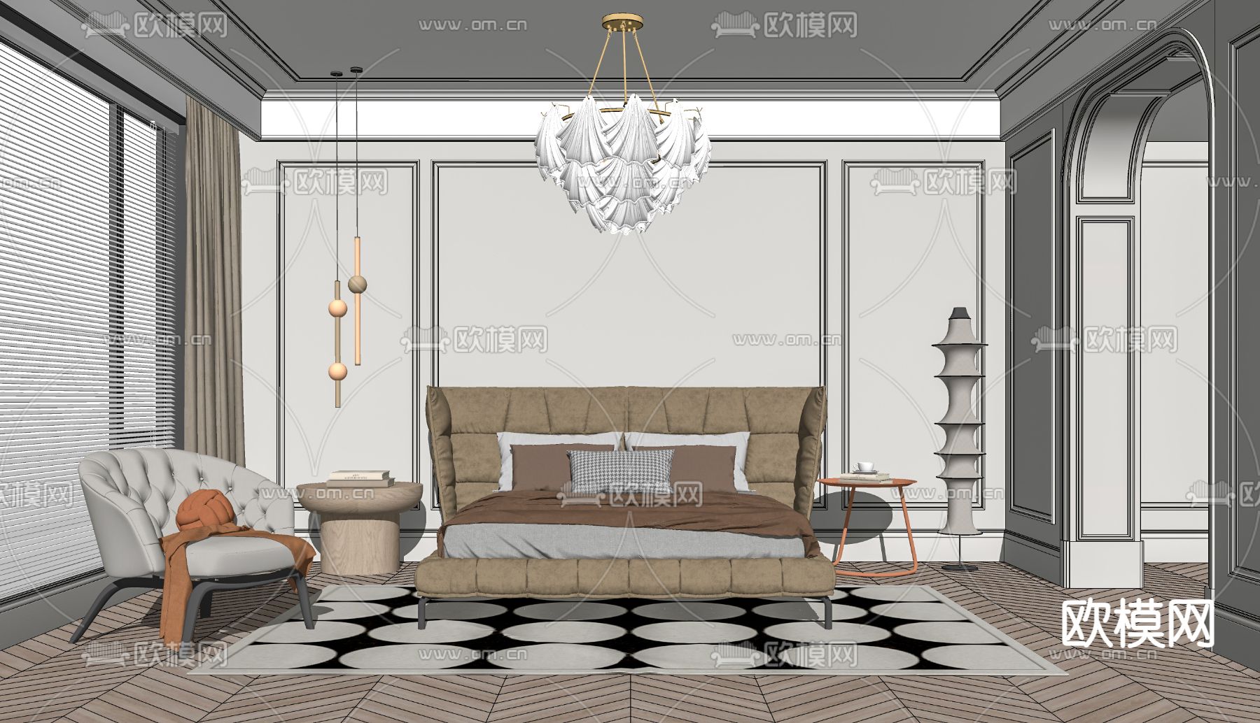 法式卧室主人房su模型下载（渲染图2）