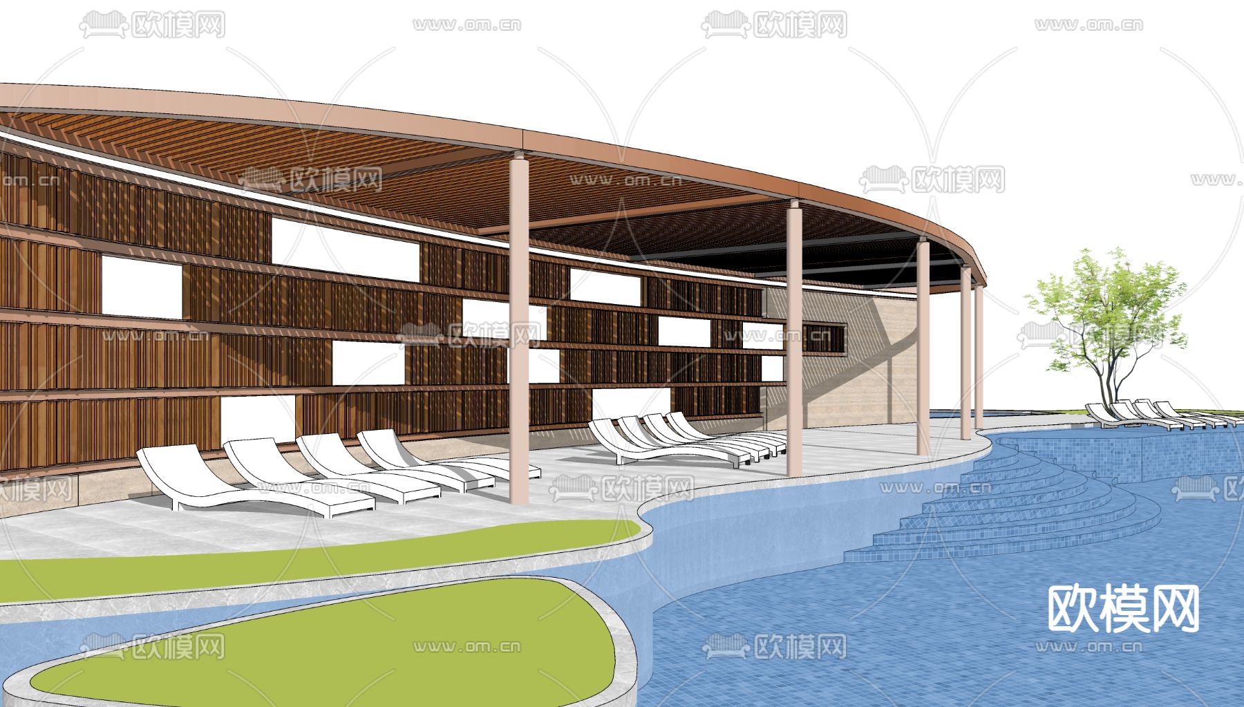 现代泳池格栅廊架su模型下载_ID12068890_sketchup模型下载-欧模网