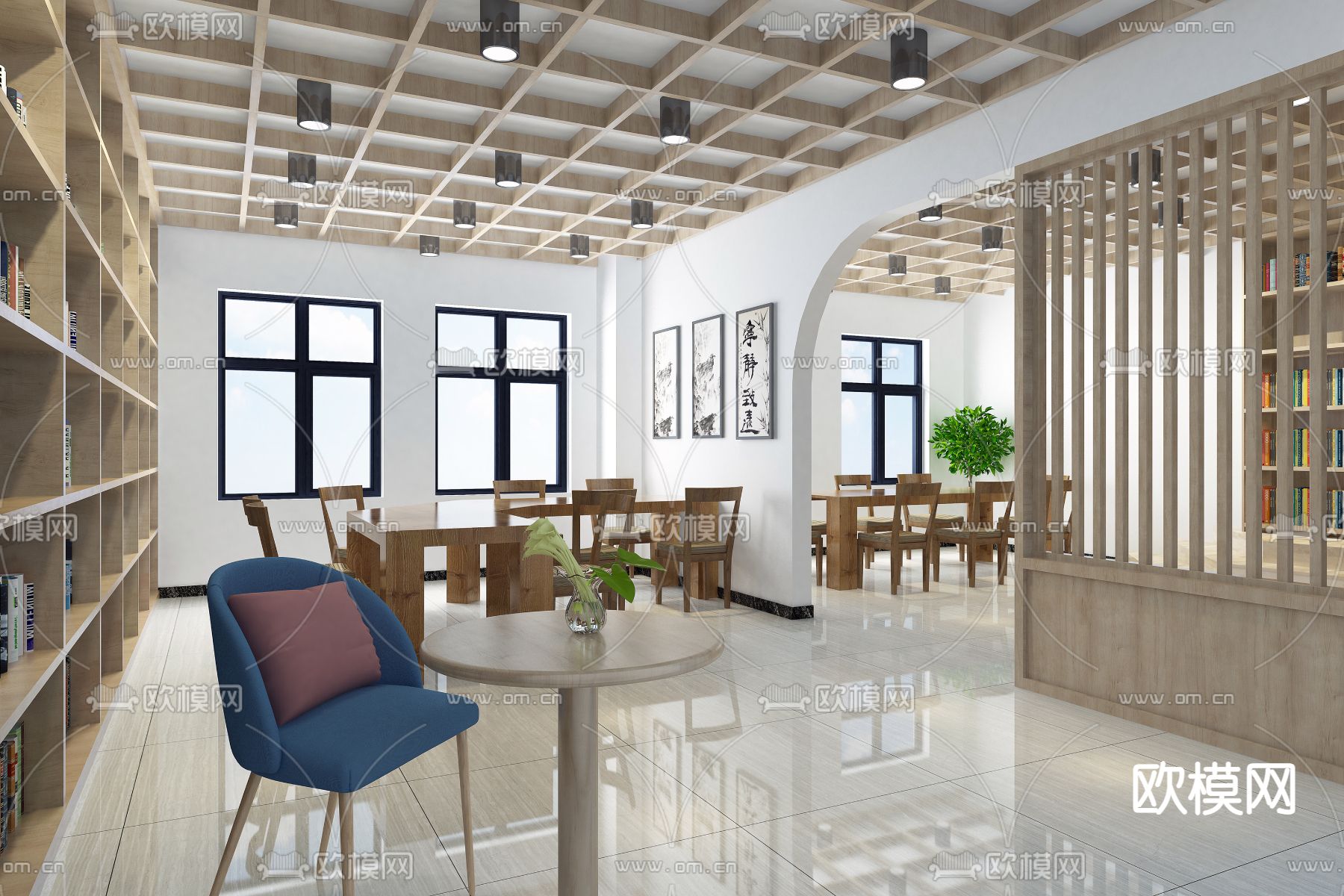 新中式图书室阅览室su模型下载（渲染图1）